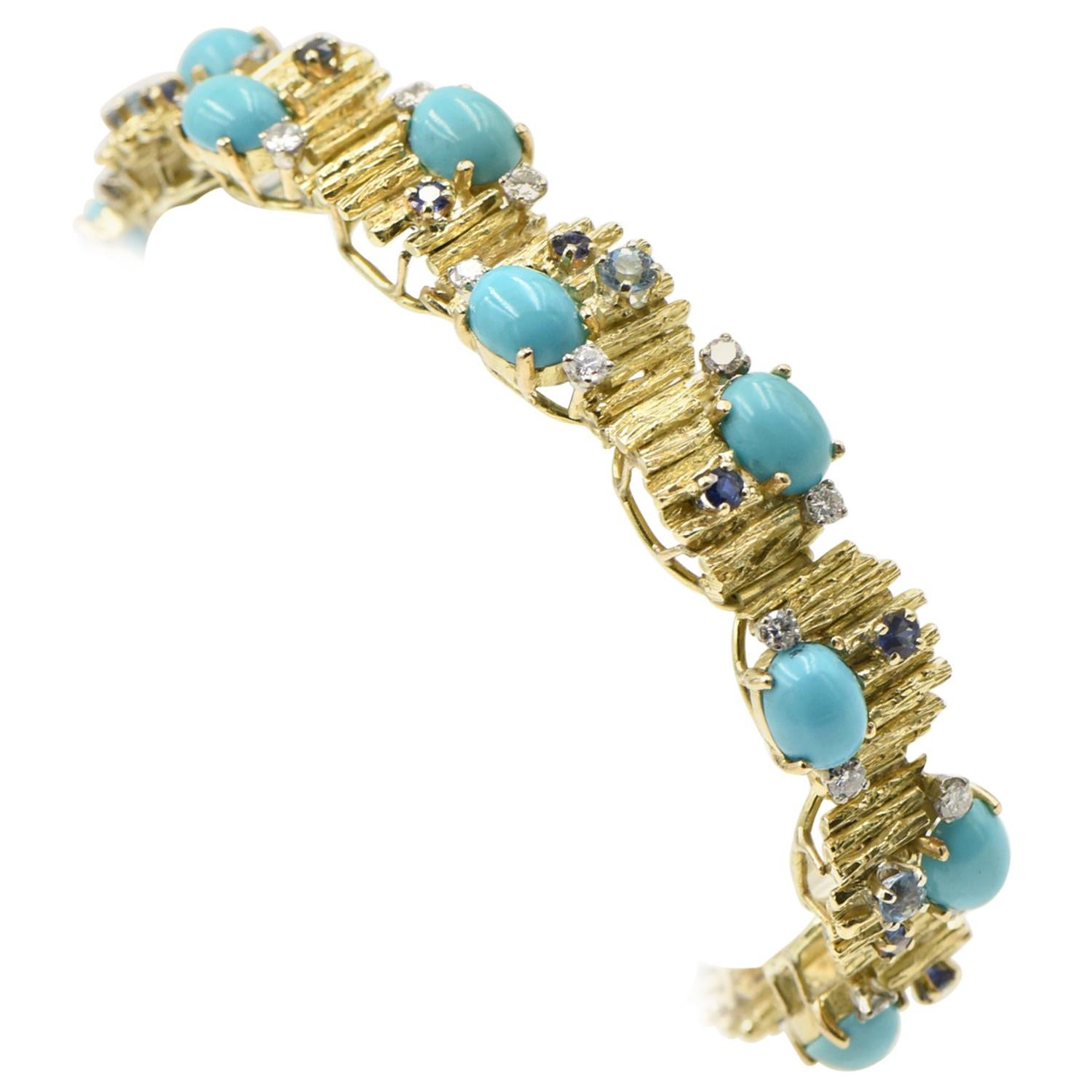 Modernist Turquoise, Sapphire, Diamond and Topaz Gold Bracelet