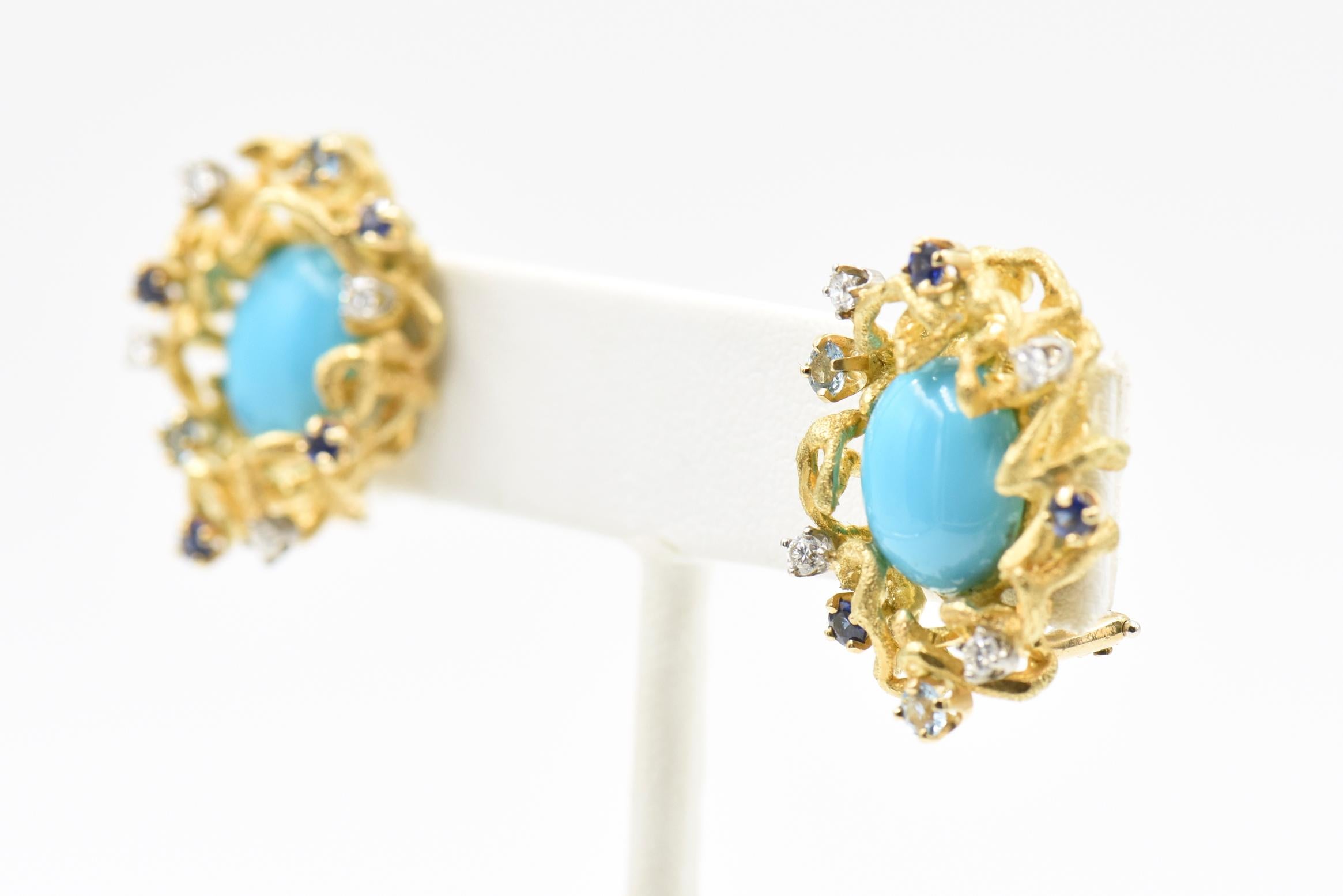 Women's Modernist Turquoise, Sapphire, Diamond and Topaz Gold Earrings