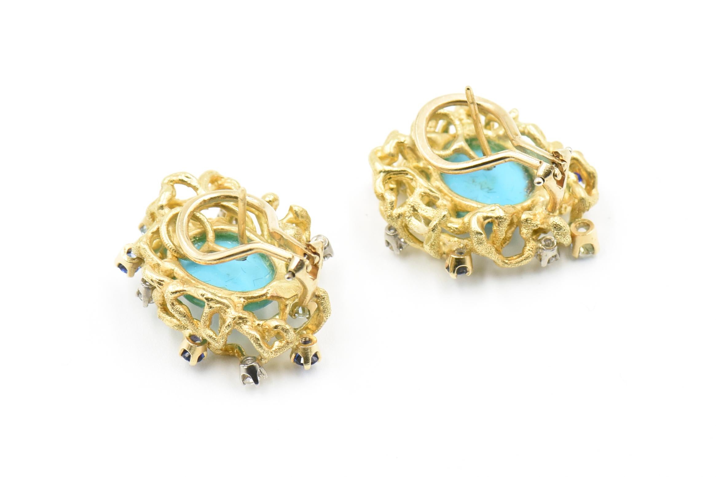 Modernist Turquoise, Sapphire, Diamond and Topaz Gold Earrings 1