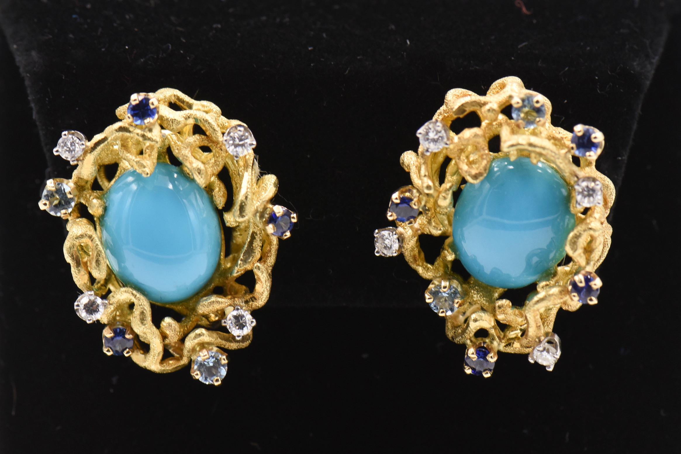 Modernist Turquoise, Sapphire, Diamond and Topaz Gold Earrings 3