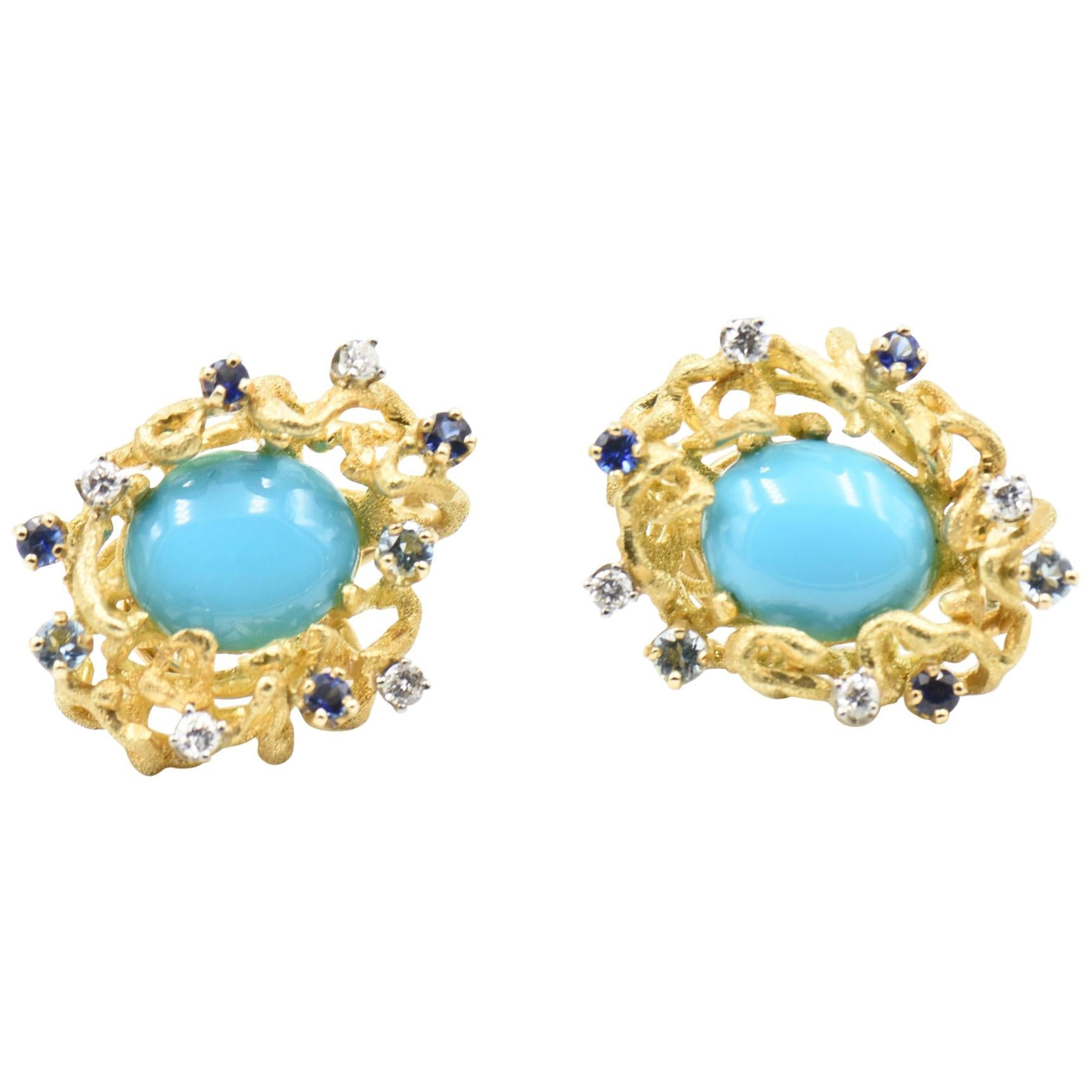 Modernist Turquoise, Sapphire, Diamond and Topaz Gold Earrings