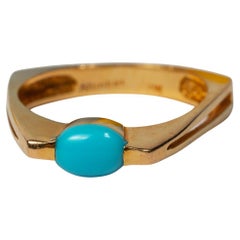 Modernist Turquoise Solitaire 21K Gold Ring, Geometric Square Gold Ring