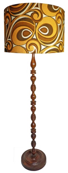 Modernist Twist Floor Lamp Mahogany Wood & Psychedelic Pop Fabric Amber & Brown