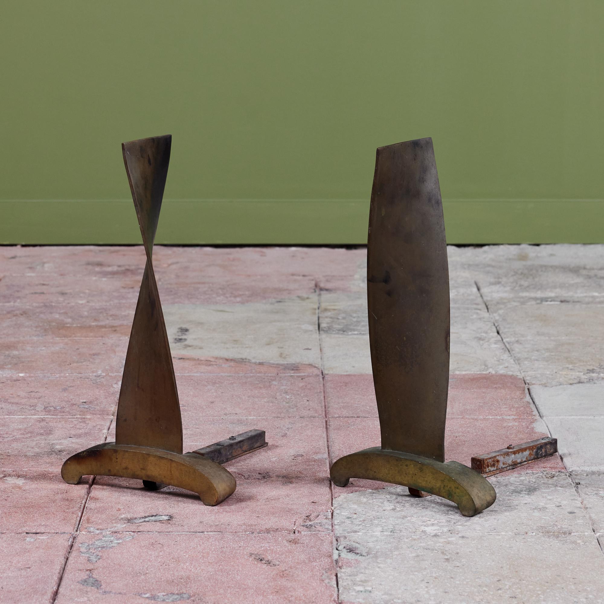 Mid-Century Modern Modernist Twisted Bronze Andirons For Sale