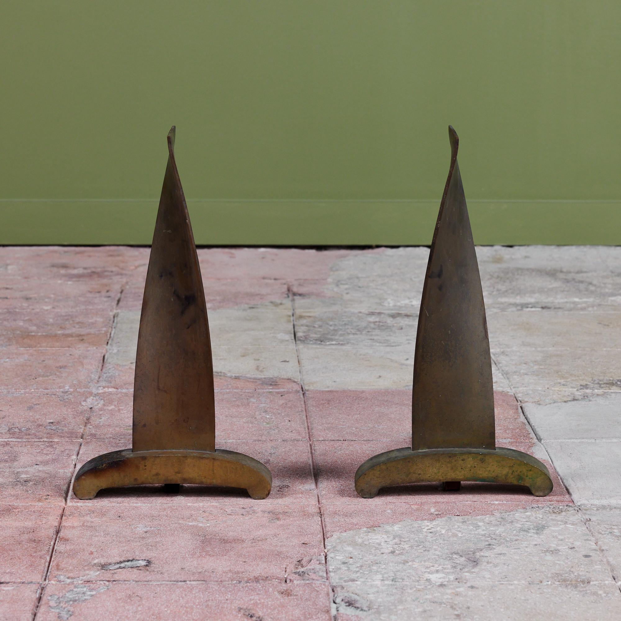 American Modernist Twisted Bronze Andirons For Sale