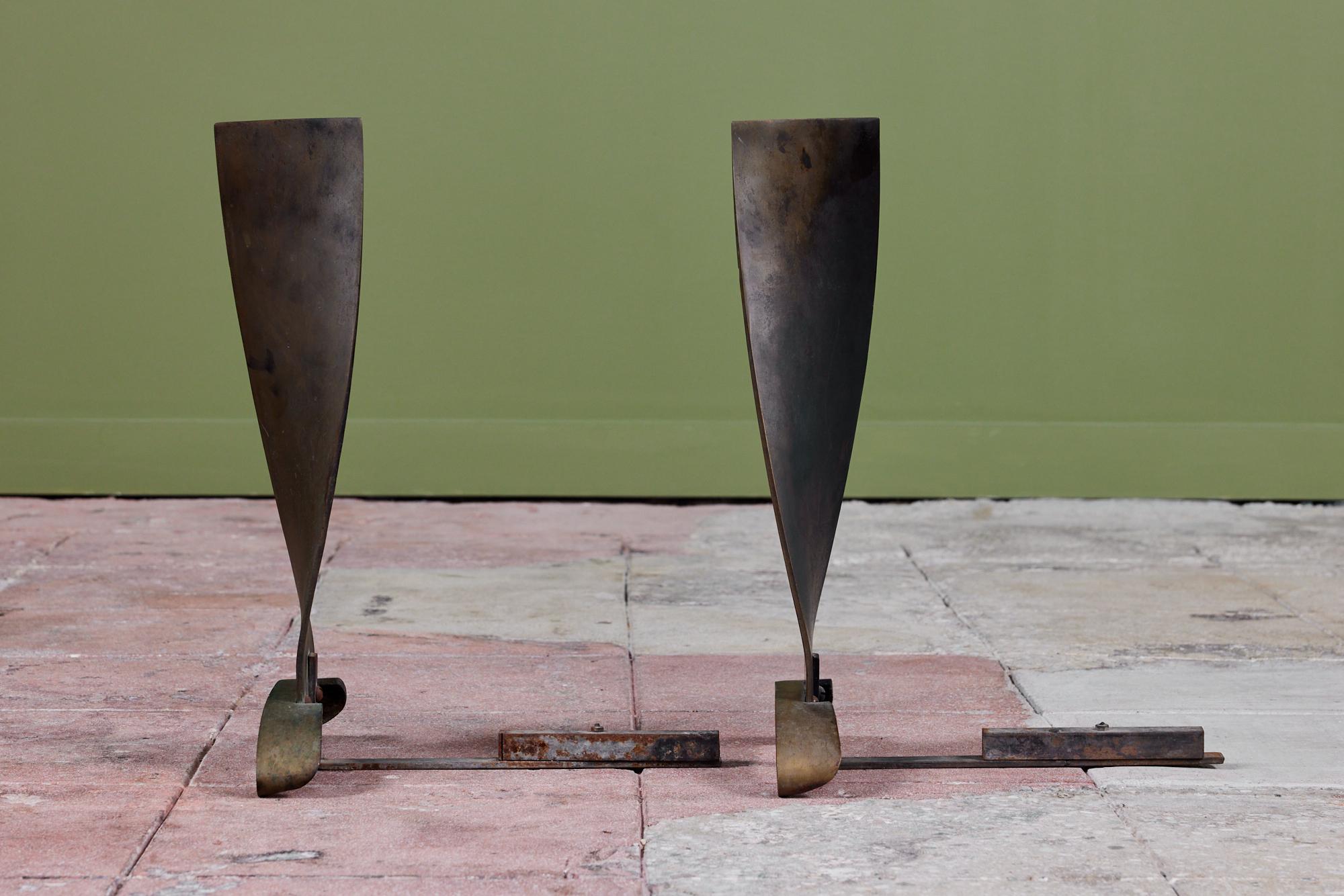 Patinated Modernist Twisted Bronze Andirons For Sale