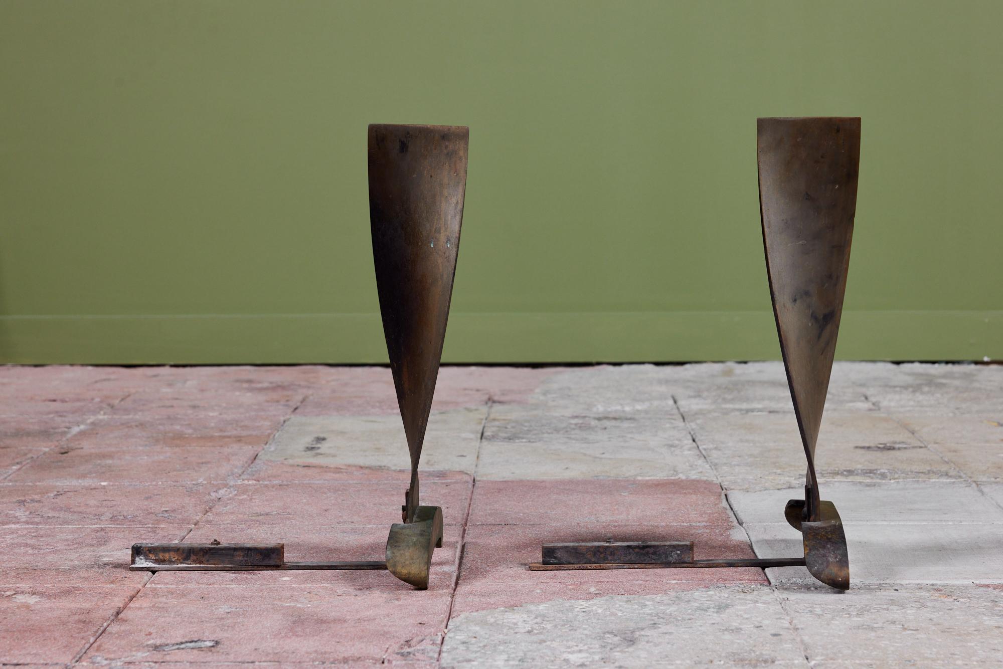 20th Century Modernist Twisted Bronze Andirons For Sale
