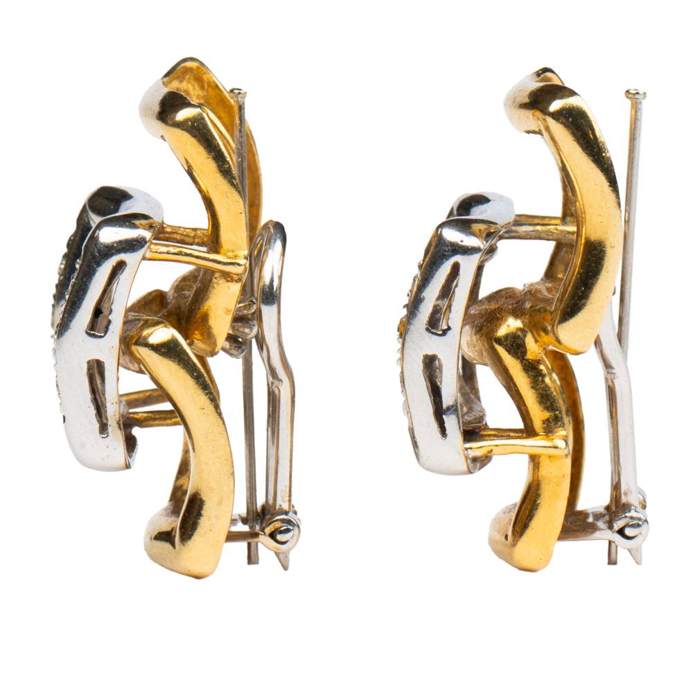 Women's or Men's Modernist Two-color 18k Gold and Diamond Earrings, Italy, 1970s For Sale