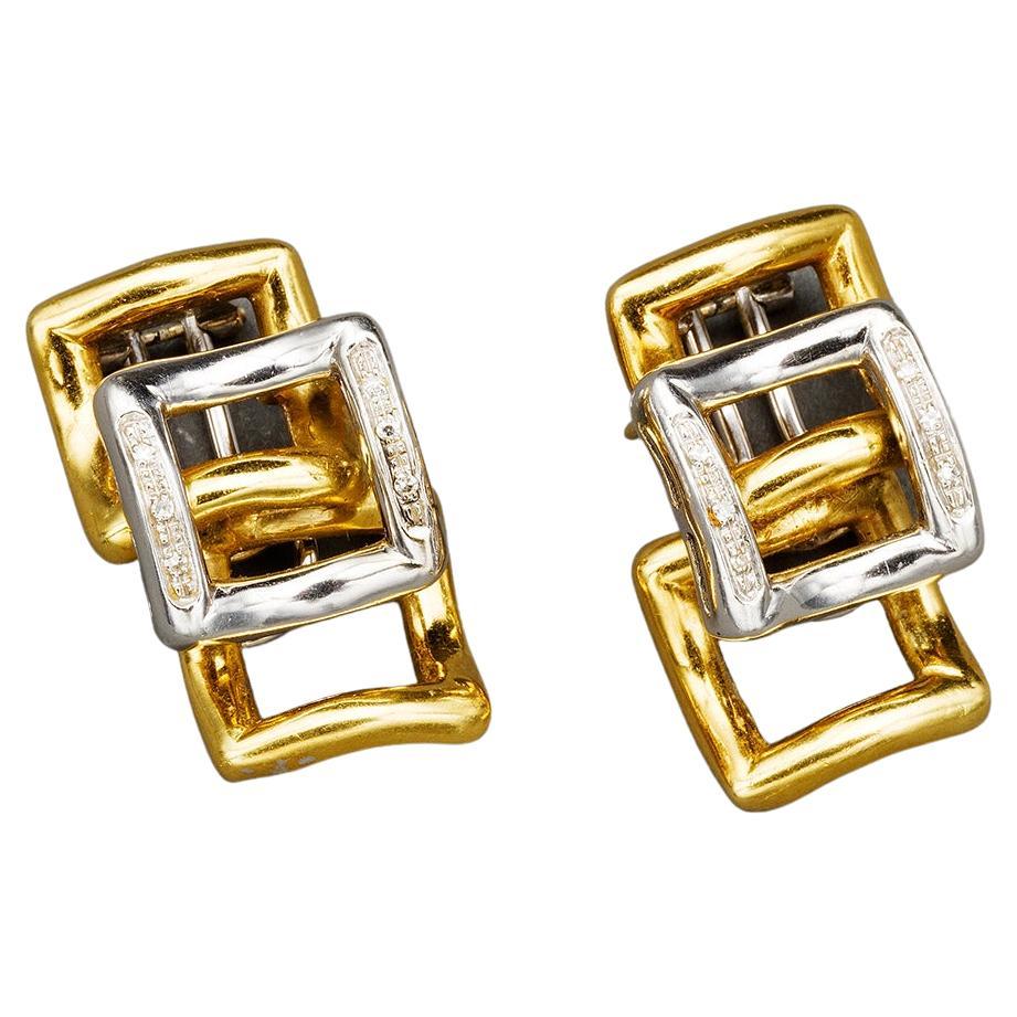 Modernist Two-color 18k Gold and Diamond Earrings, Italy, 1970s For Sale