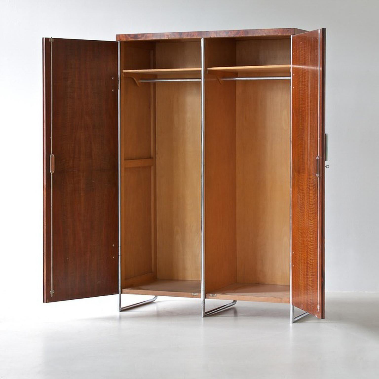 Bauhaus Modernist Two Door Wardrobe, Chrome Plated Metal and Walnut Veneer, circa 1930 For Sale
