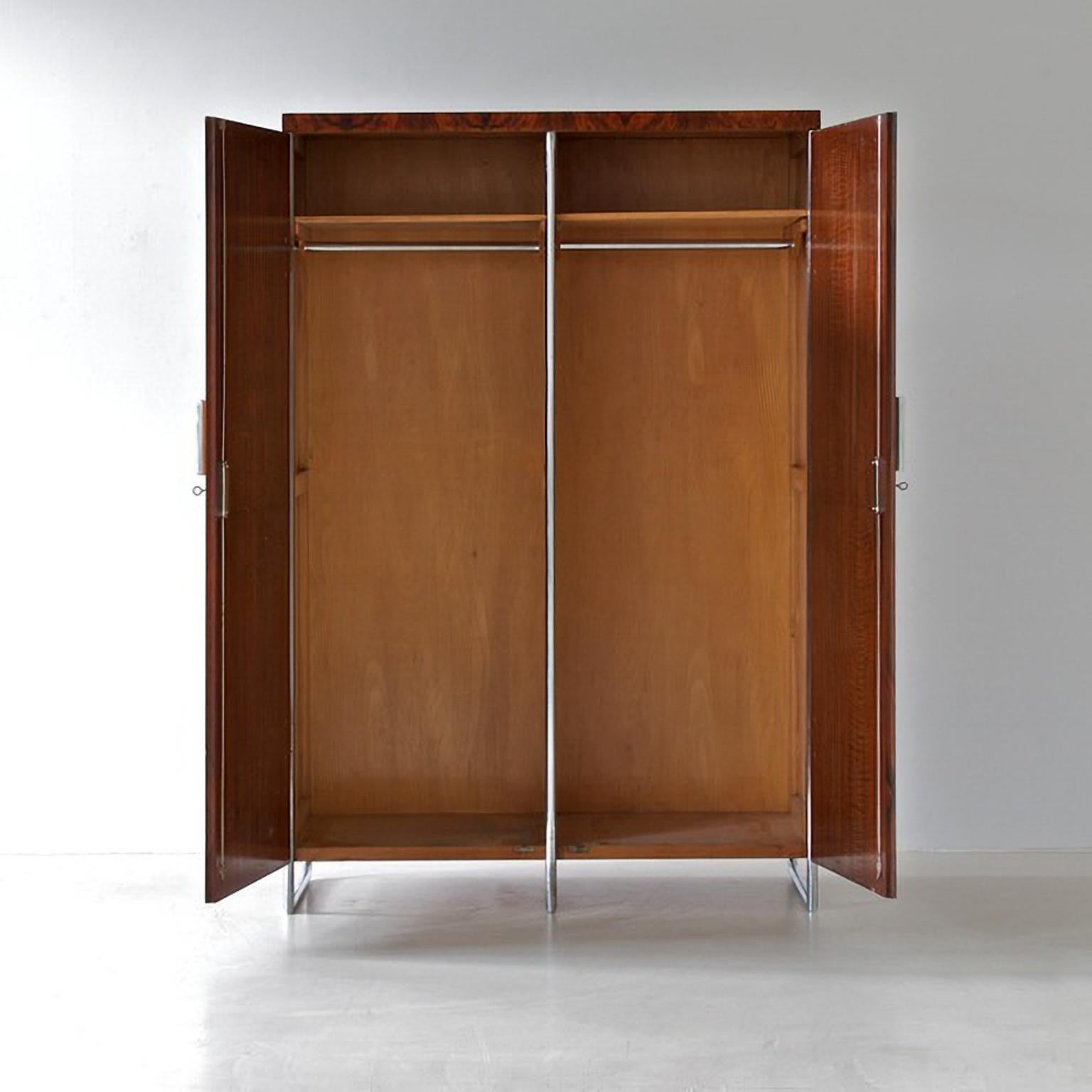 Mid-20th Century Modernist Two Door Wardrobe, Chrome Plated Metal and Walnut Veneer, circa 1930 For Sale