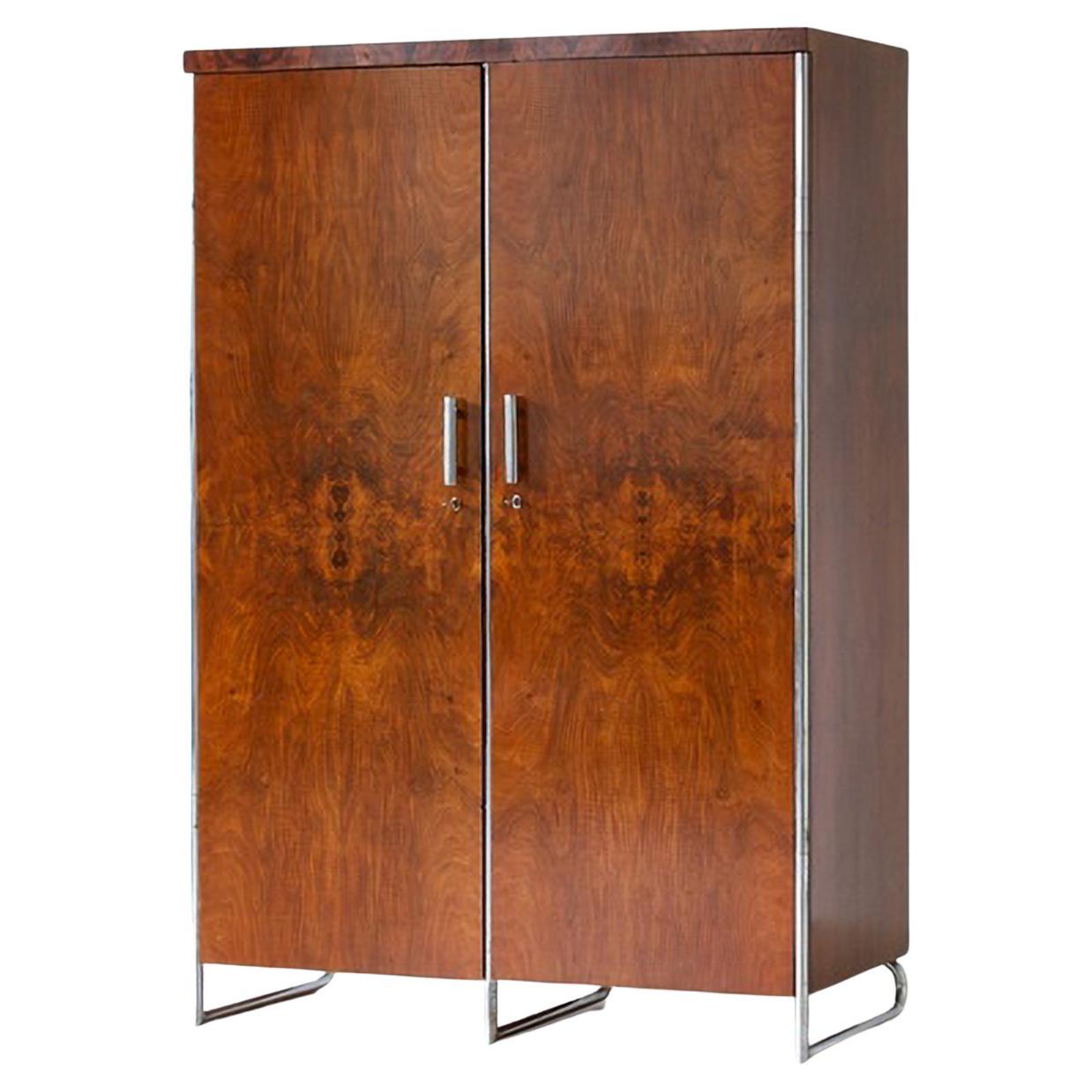 Modernist Two Door Wardrobe, Chrome Plated Metal and Walnut Veneer, circa 1930 For Sale