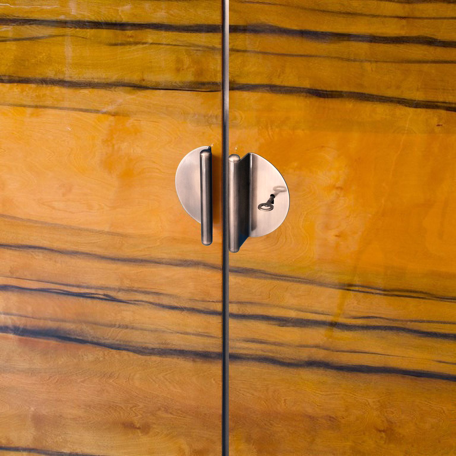 Armario Modernista de Dos Puertas, Metal Patinado Oscuro, Chapa de Madera, Acabado Brillante Alemán en venta