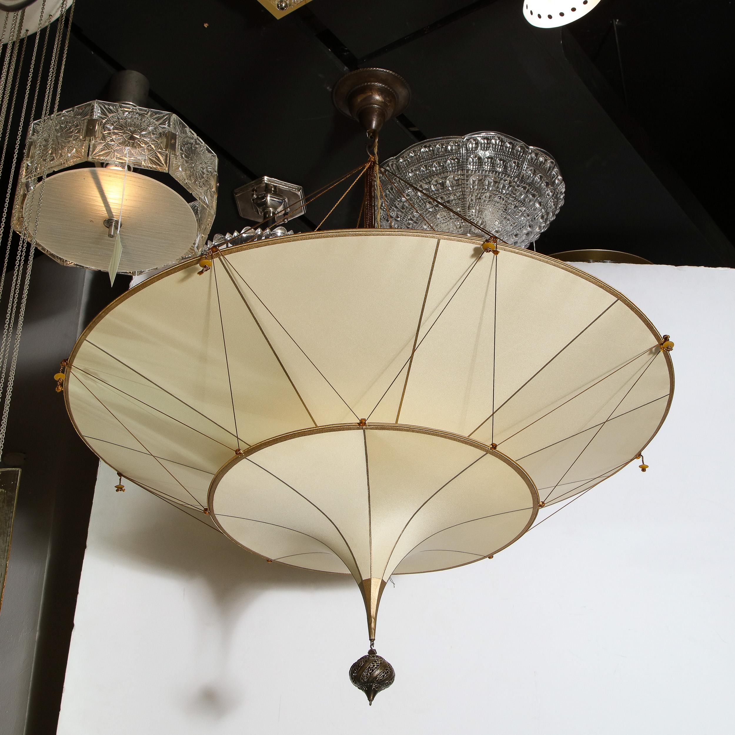 Modernist Two Tier Silk Chandelier w/ Oil Rubbed Bronze Fittings Signed Fortuny 4