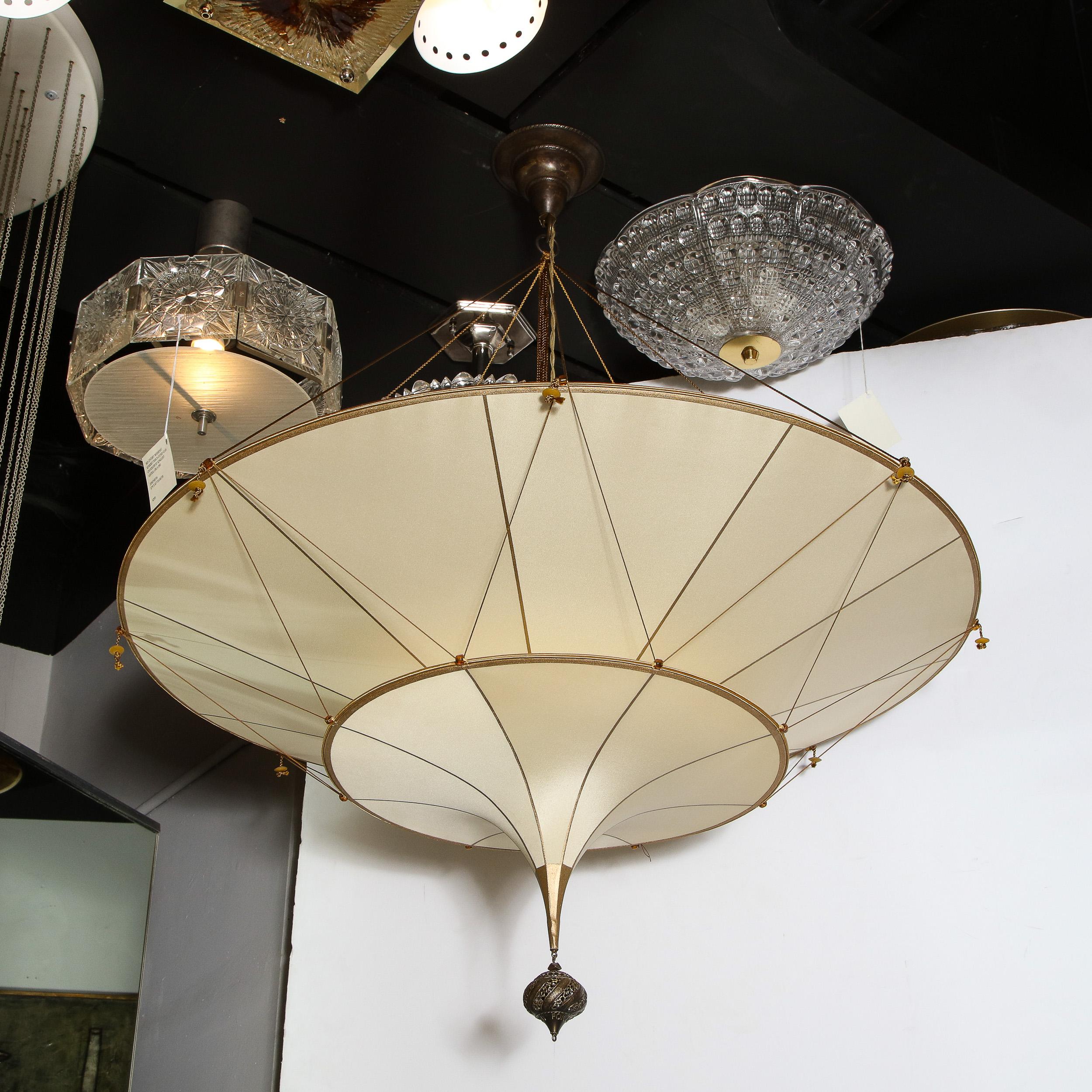 Modernist Two Tier Silk Chandelier w/ Oil Rubbed Bronze Fittings Signed Fortuny 5