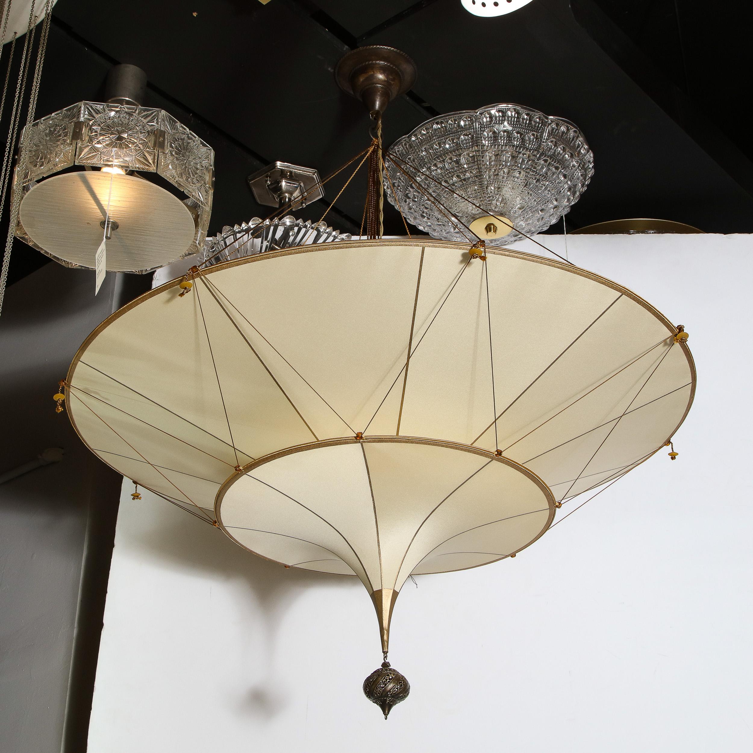 Modernist Two Tier Silk Chandelier w/ Oil Rubbed Bronze Fittings Signed Fortuny 6