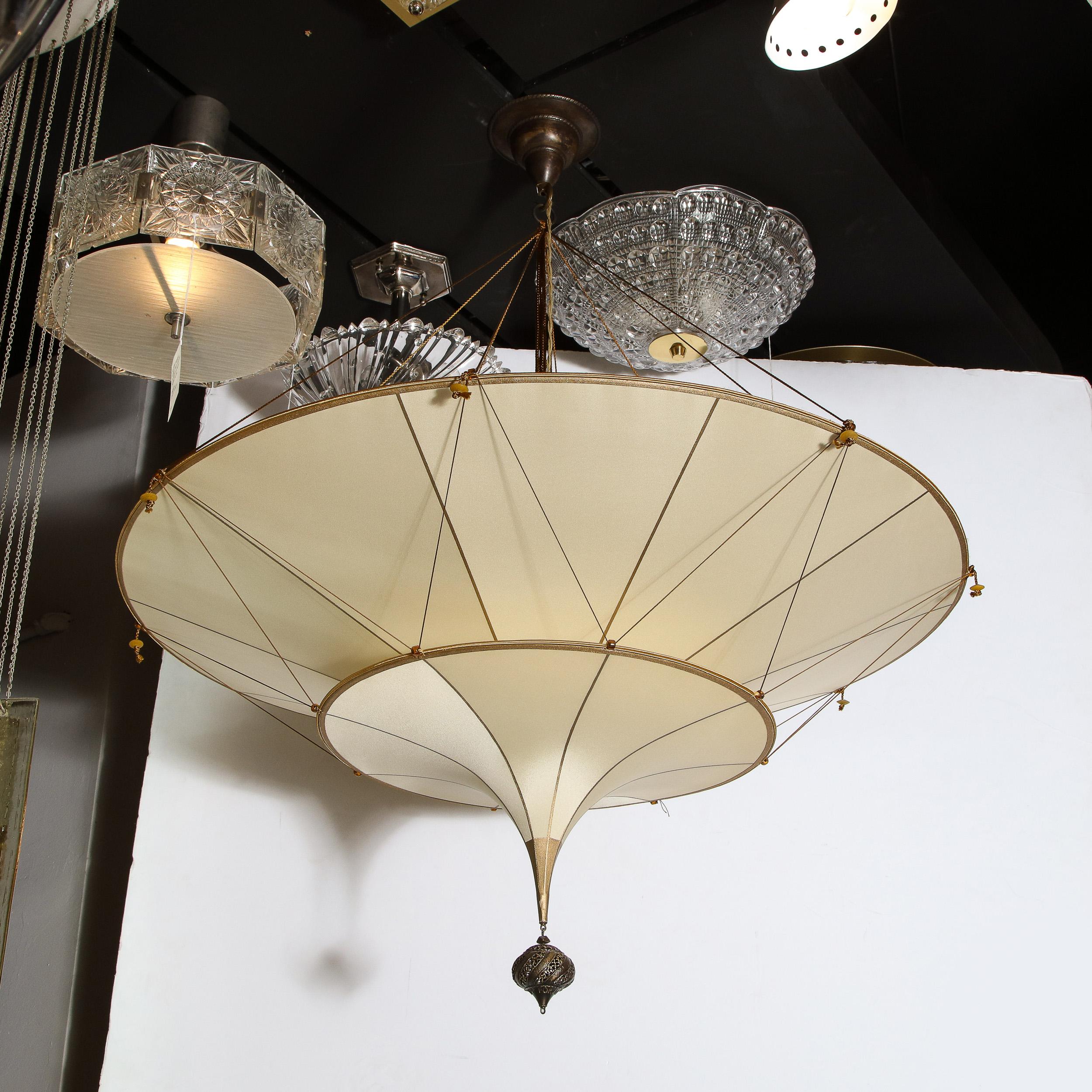 Neoclassical Modernist Two Tier Silk Chandelier w/ Oil Rubbed Bronze Fittings Signed Fortuny