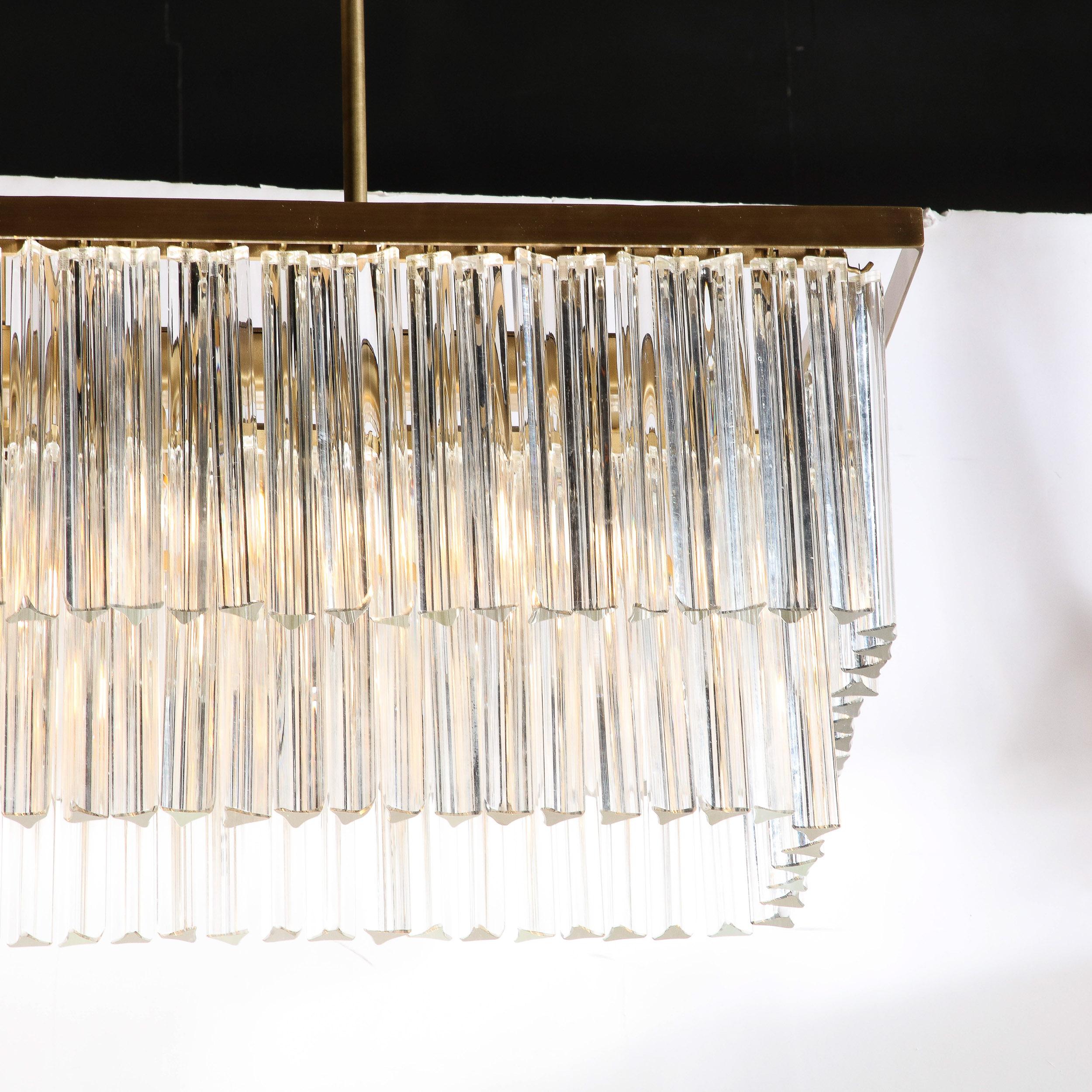Modernist Two-Tier Transparent Triedre Murano Camer Glass Rectangular Chandelier In Excellent Condition For Sale In New York, NY