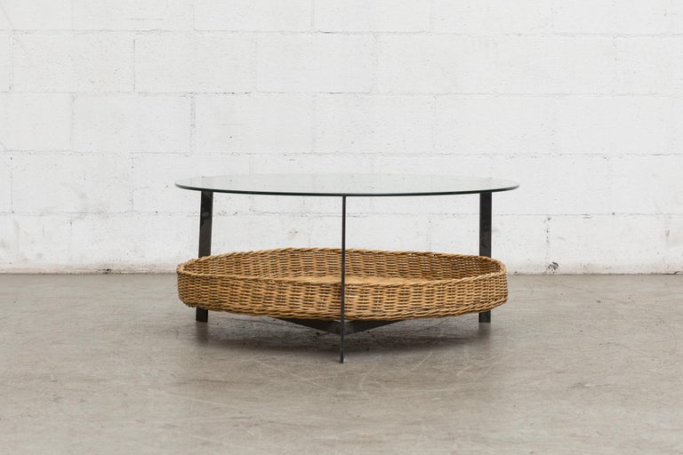 Modernist Two Tiered Round Coffee Table with Rattan Basket at 1stDibs