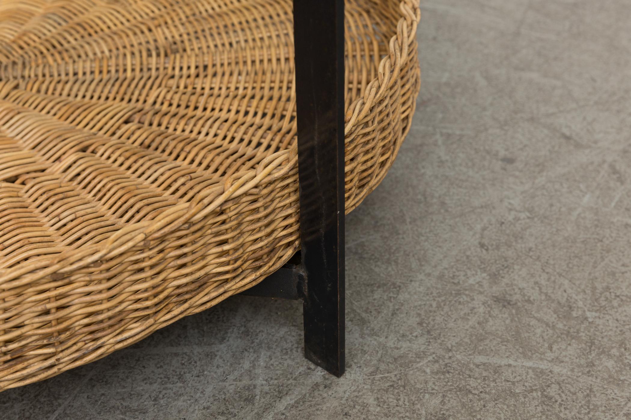 Mid-Century Modern Modernist Two Tiered Round Coffee Table with Rattan Basket