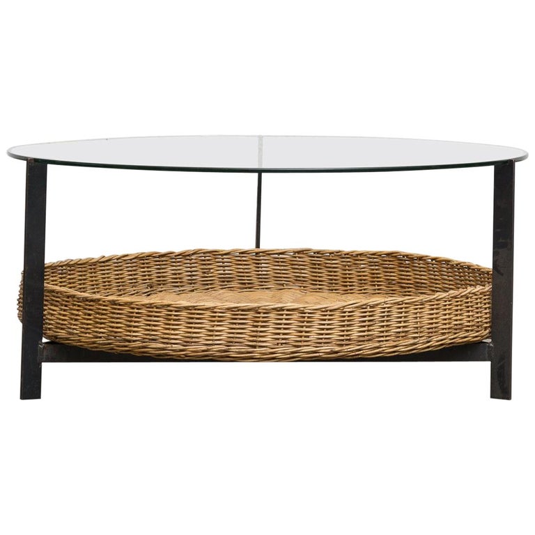Modernist Two Tiered Round Coffee Table With Rattan Basket At 1stdibs Modernist Two Tiered Round Coffee Table With Rattan Basket For