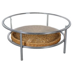 Modernist Two Tiered Round Coffee Table with Rattan Basket