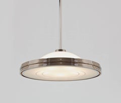 Modernist UFO Pendant Light, Nickel Plated Brass, Etched Opal Glass, Bespoke