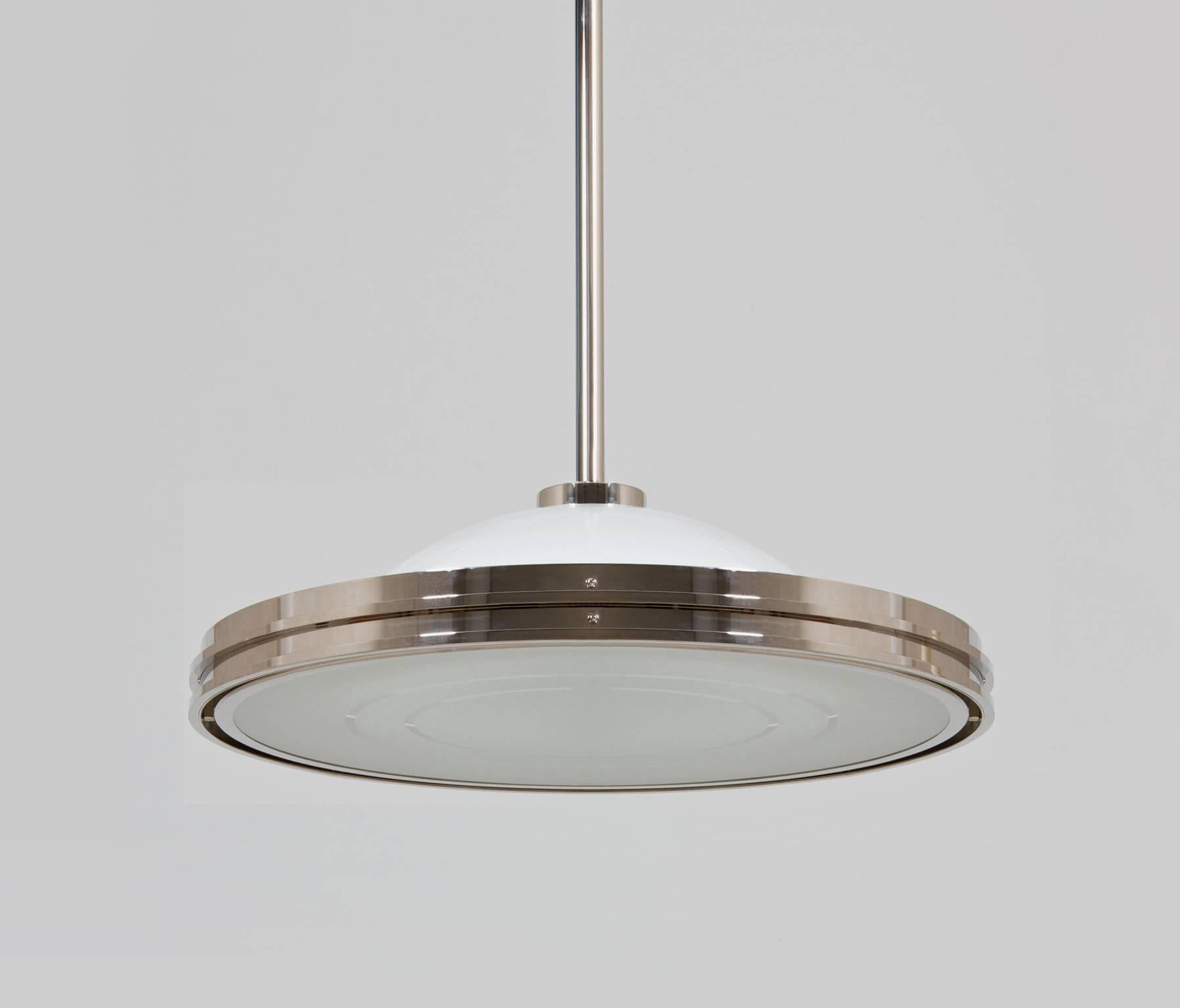 German Modernist UFO Pendant Light, Nickel Plated Brass, Etched Opal Glass, Bespoke For Sale