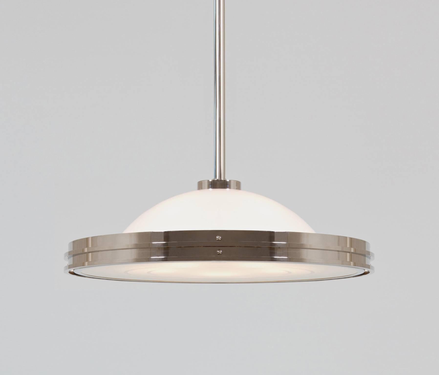 Modernist UFO Pendant Light, Nickel Plated Brass, Etched Opal Glass, Bespoke In New Condition For Sale In Berlin, DE