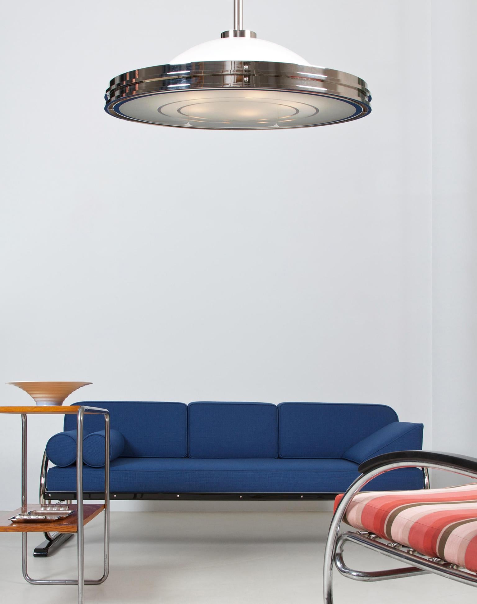 Contemporary Modernist UFO Pendant Light, Nickel Plated Brass, Etched Opal Glass, Bespoke For Sale