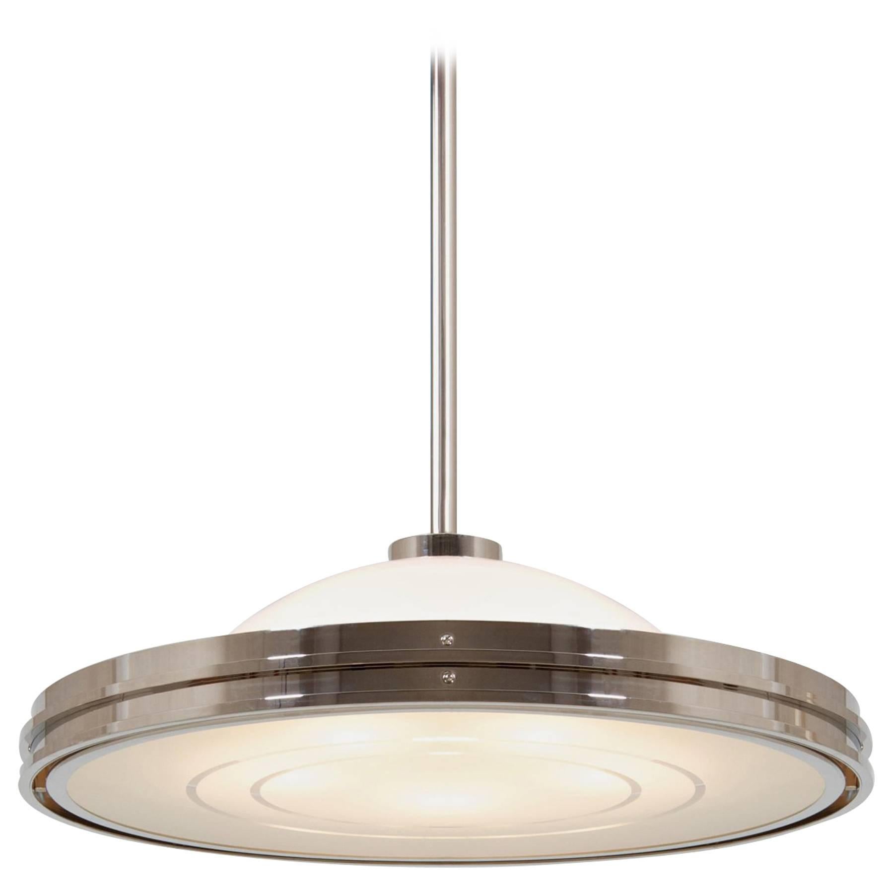 Modernist UFO Pendant Light, Nickel Plated Brass, Etched Opal Glass, Bespoke For Sale