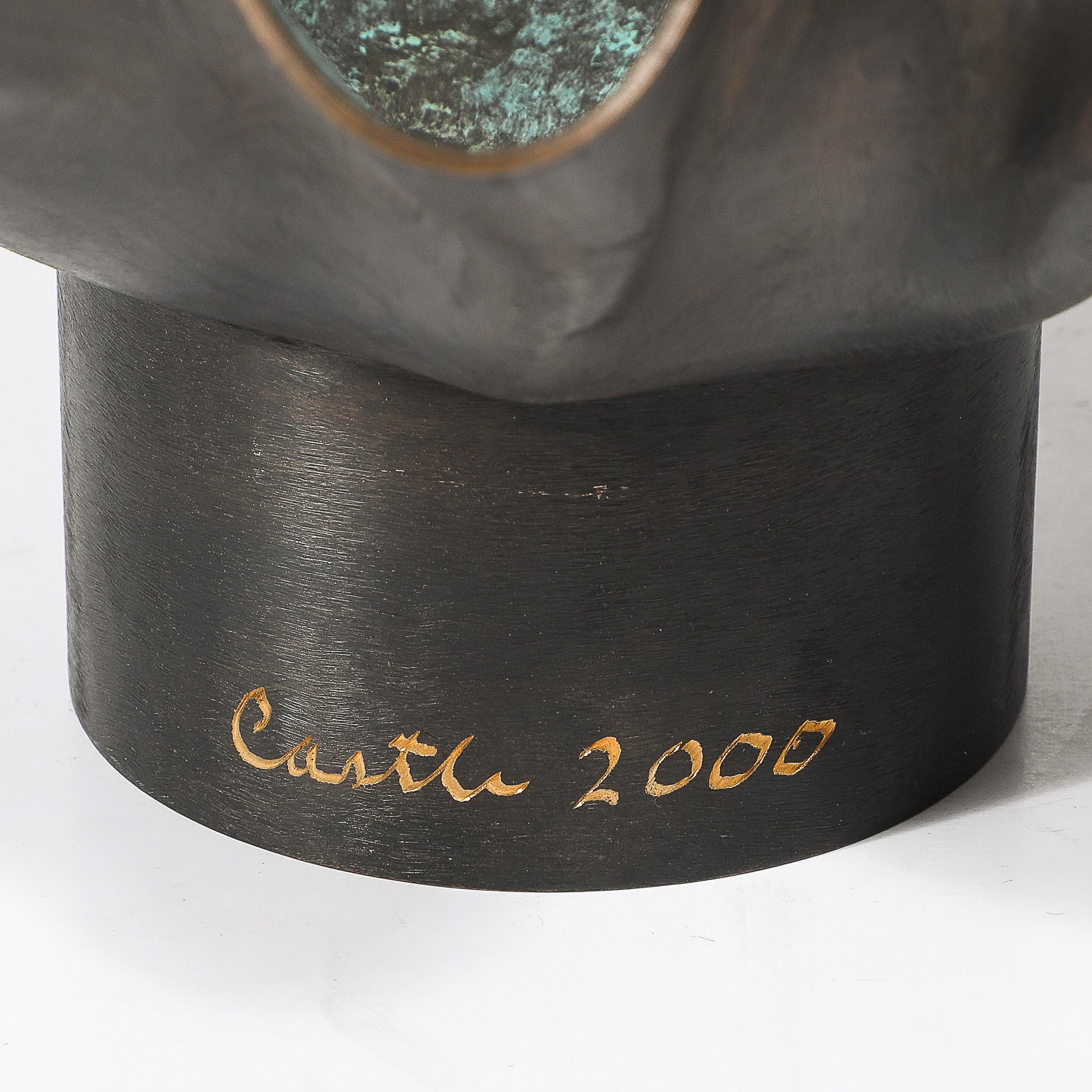 Cuenco modernista ondulado de bronce patinado y esmalte firmado Wendell Castle Pulido en venta