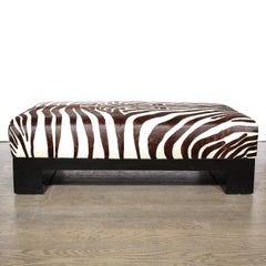 Modernist Upholstered Ottoman in Authentic Zebra Hide w/ Ebonized Walnut Base