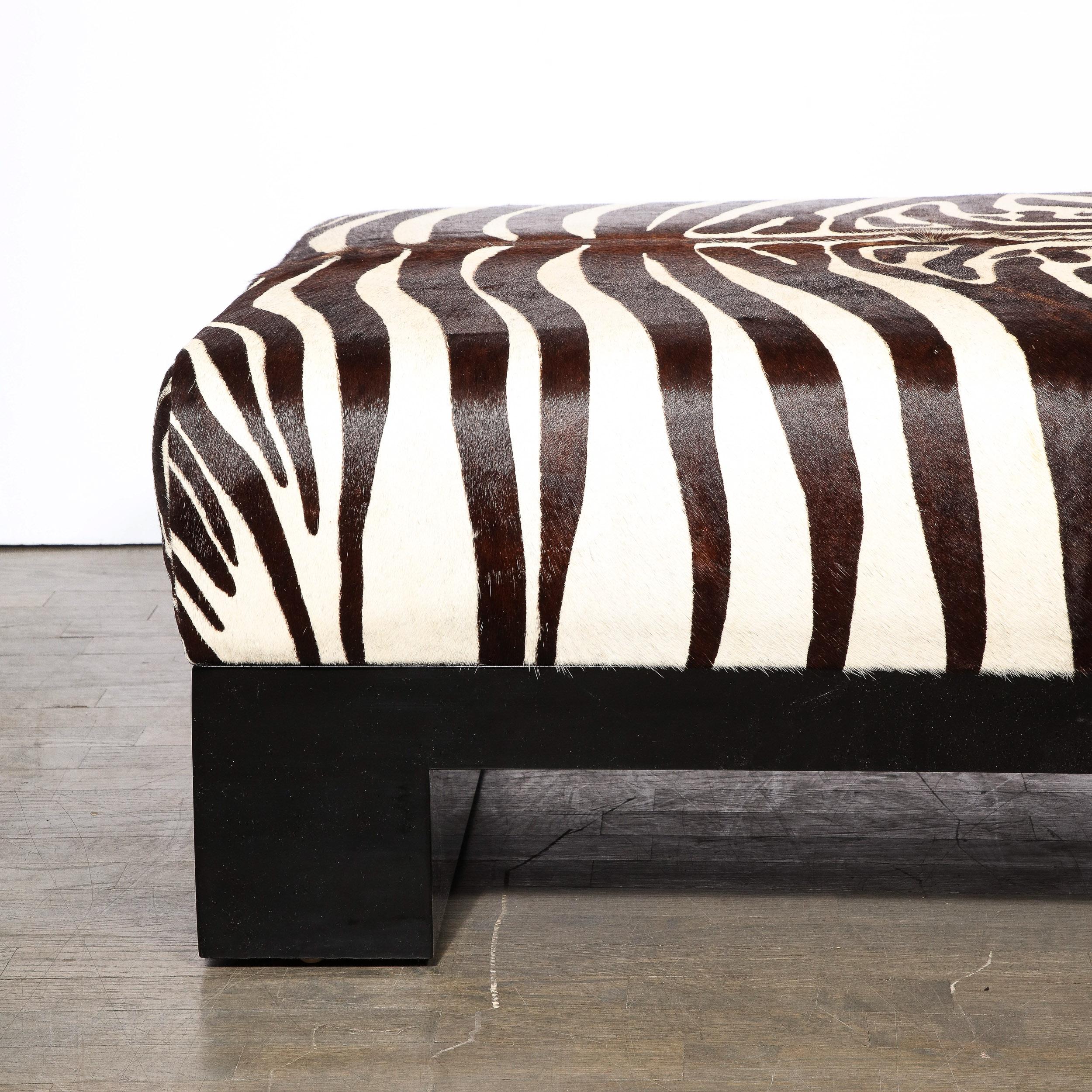Mid-Century Modern Modernist Upholstered Ottoman in Authentic Zebra Hide w/ Ebonized Walnut Base   For Sale