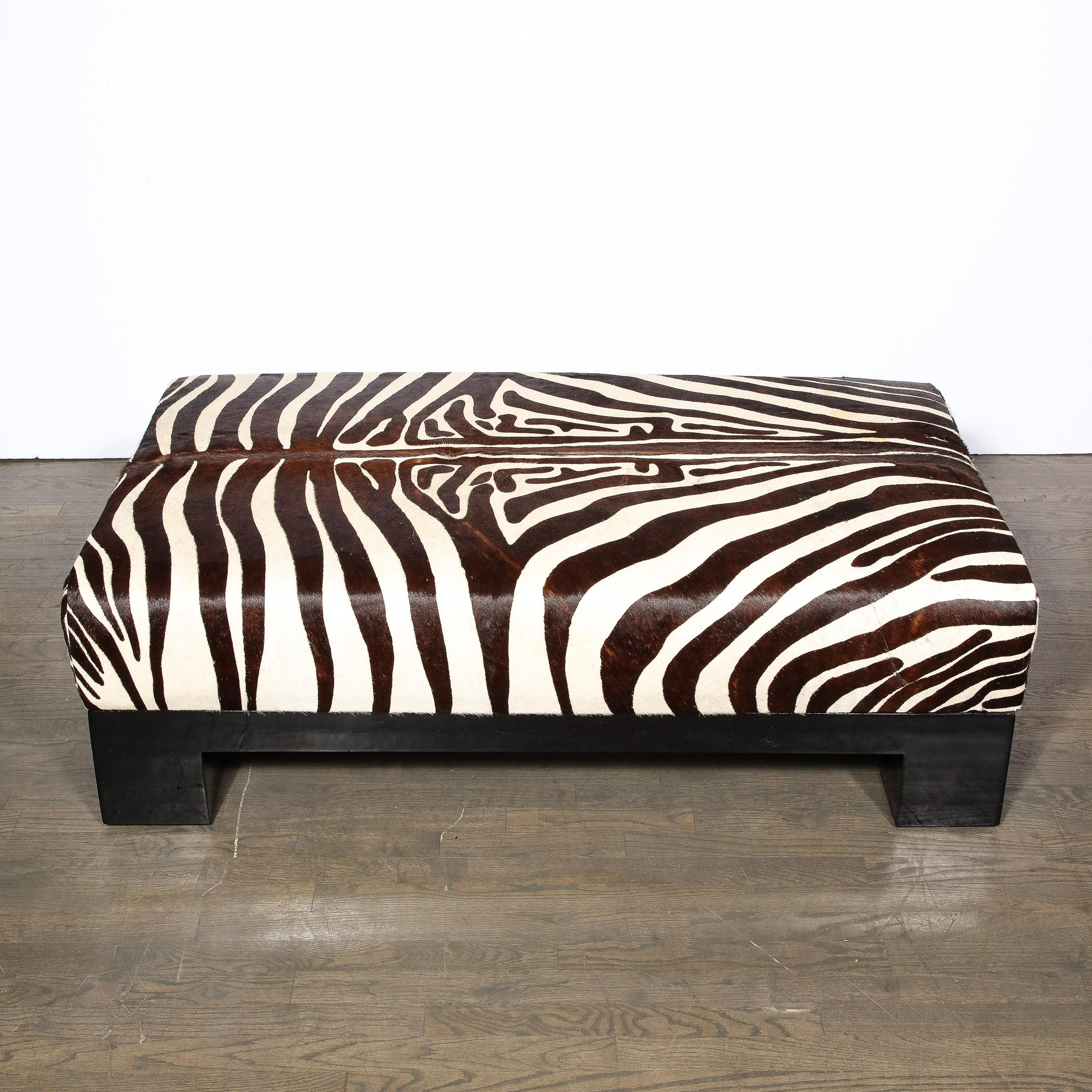 American Modernist Upholstered Ottoman in Authentic Zebra Hide w/ Ebonized Walnut Base   For Sale