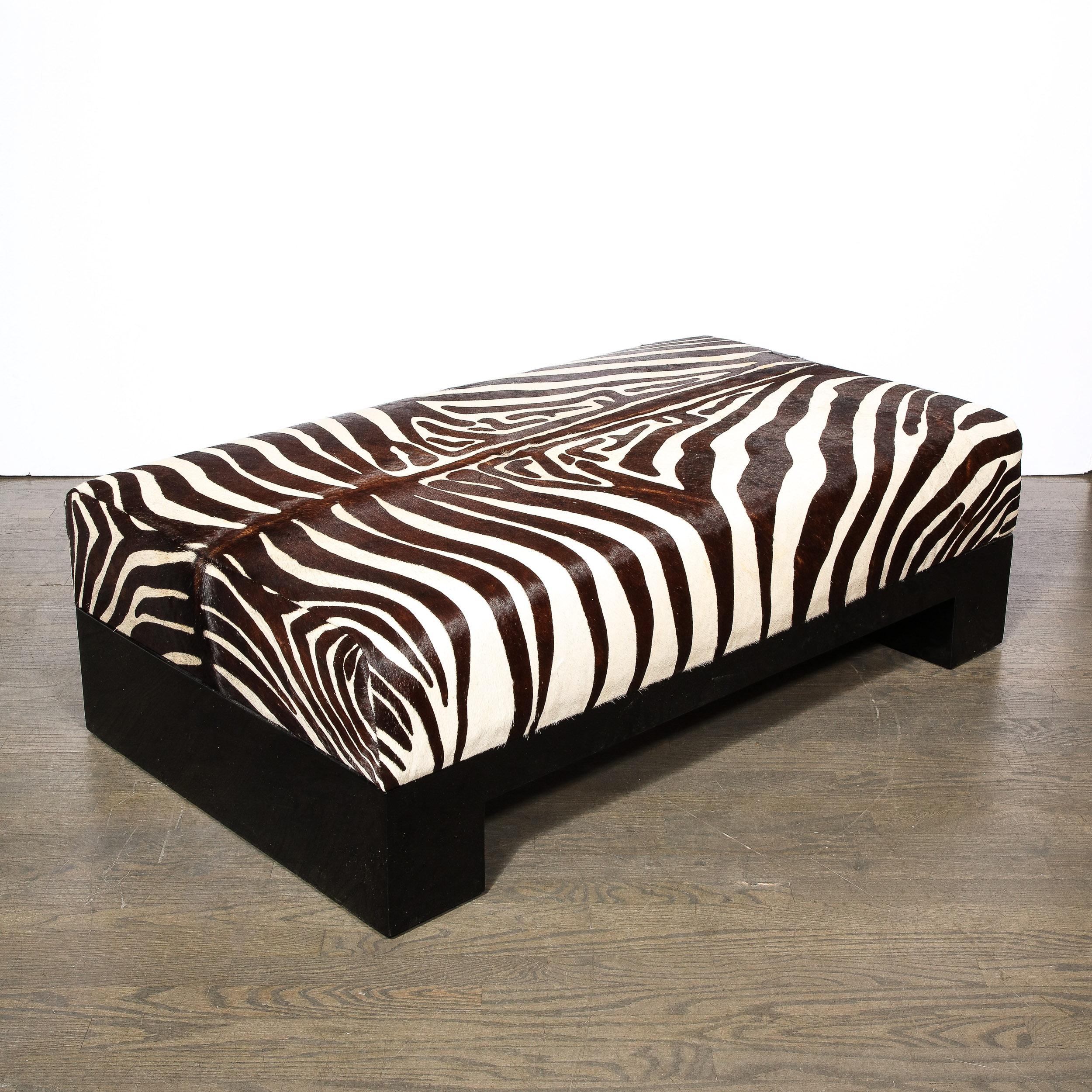 Modernist Upholstered Ottoman in Authentic Zebra Hide w/ Ebonized Walnut Base   In Excellent Condition For Sale In New York, NY