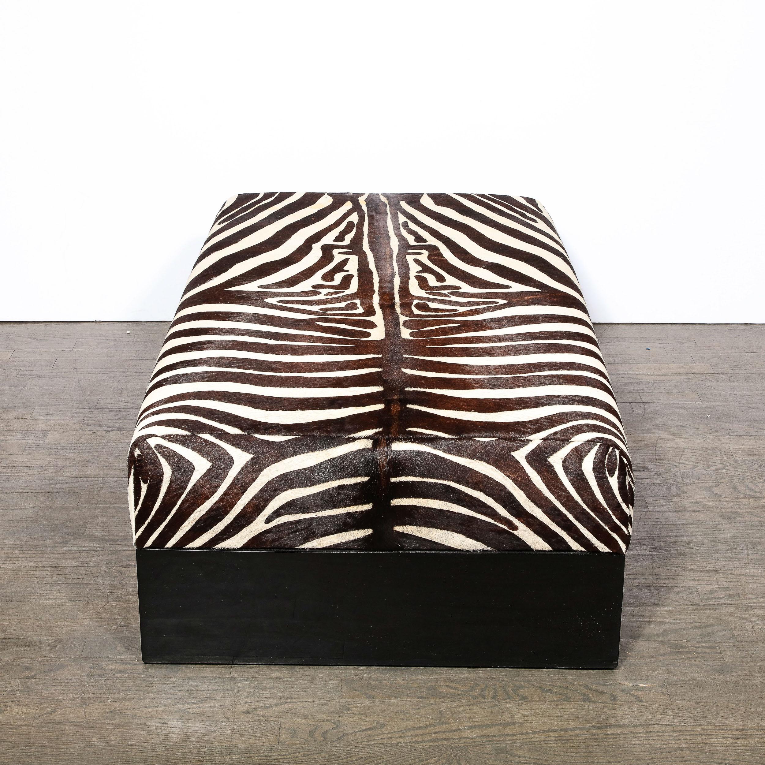 20th Century Modernist Upholstered Ottoman in Authentic Zebra Hide w/ Ebonized Walnut Base   For Sale