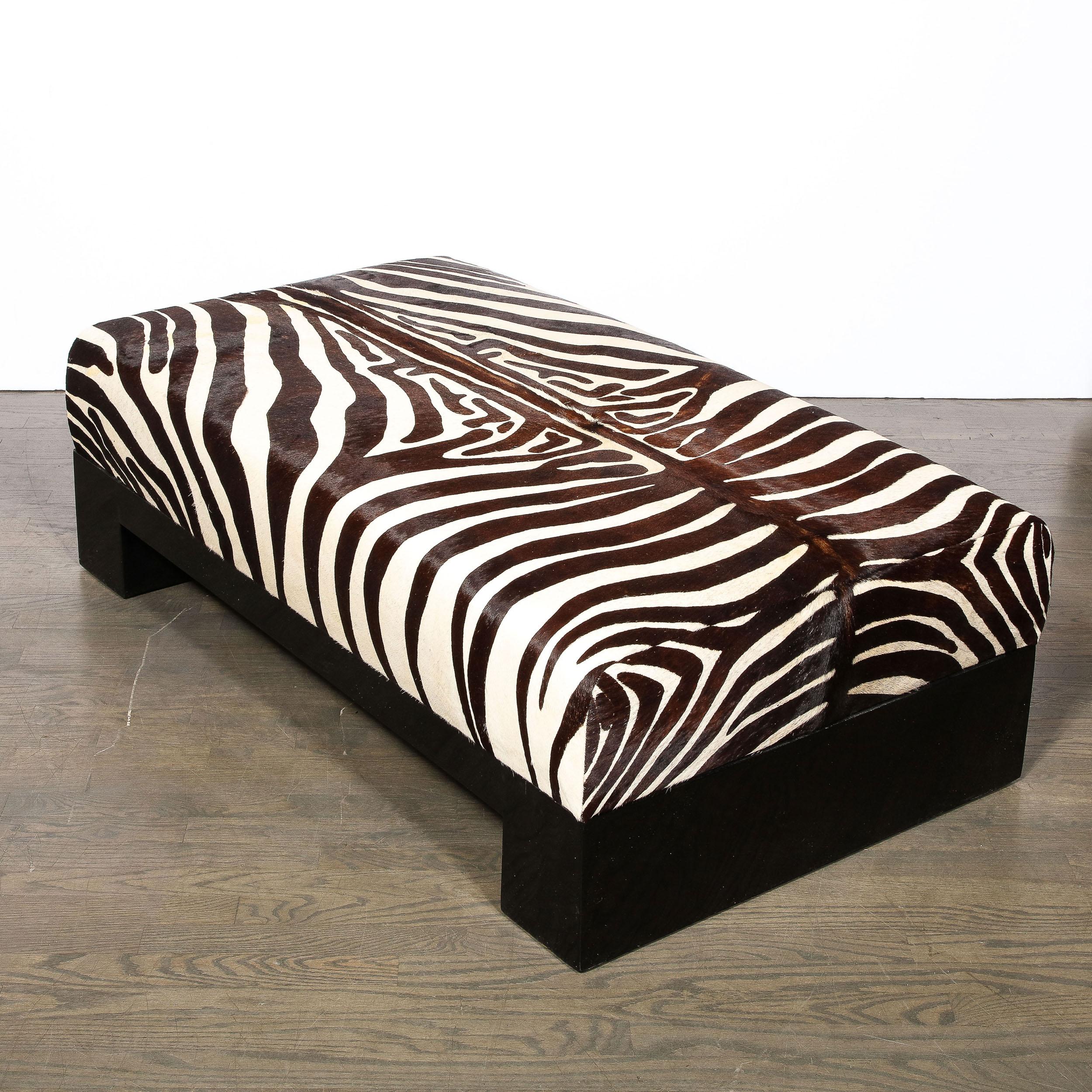 Modernist Upholstered Ottoman in Authentic Zebra Hide w/ Ebonized Walnut Base   For Sale 1