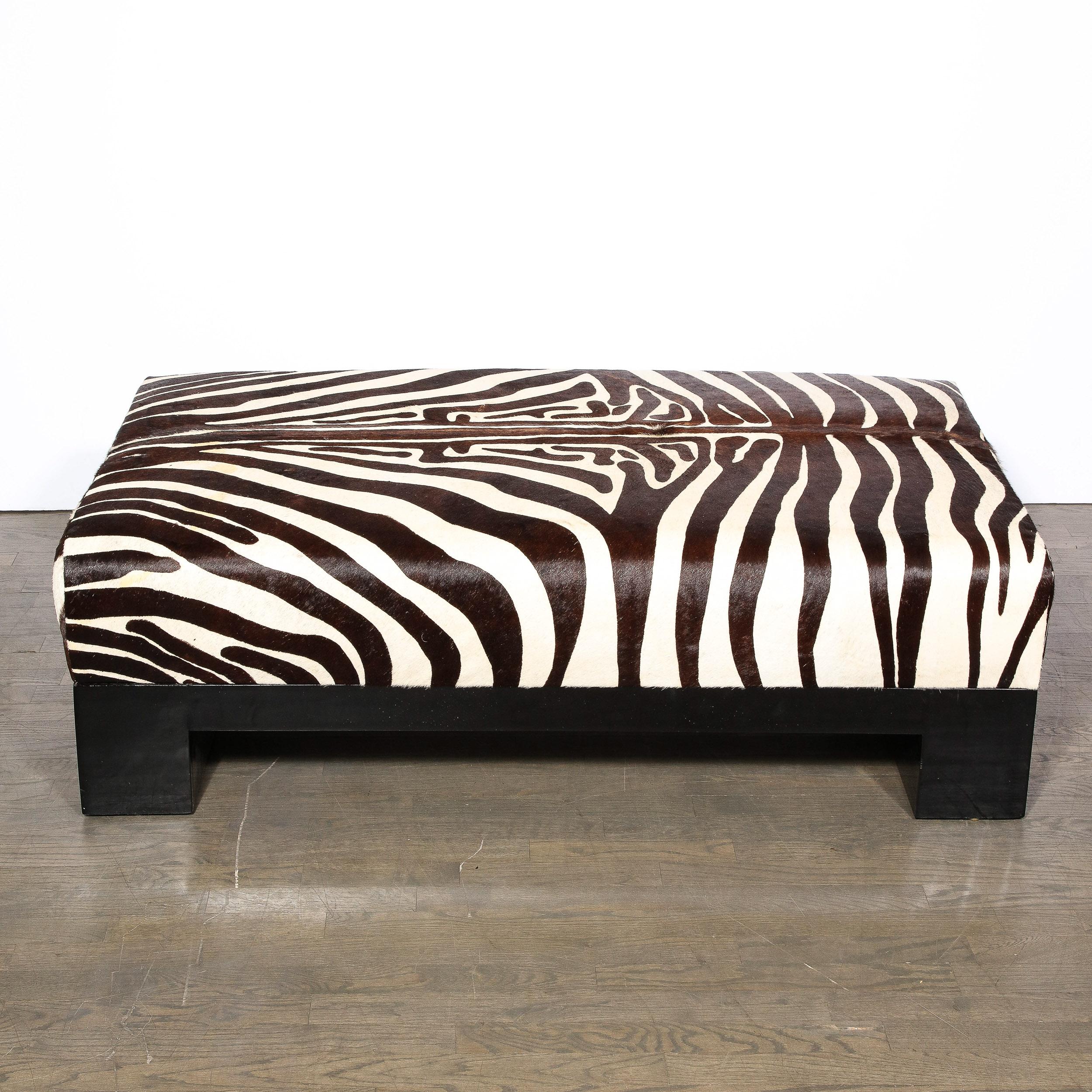 Modernist Upholstered Ottoman in Authentic Zebra Hide w/ Ebonized Walnut Base   For Sale 2