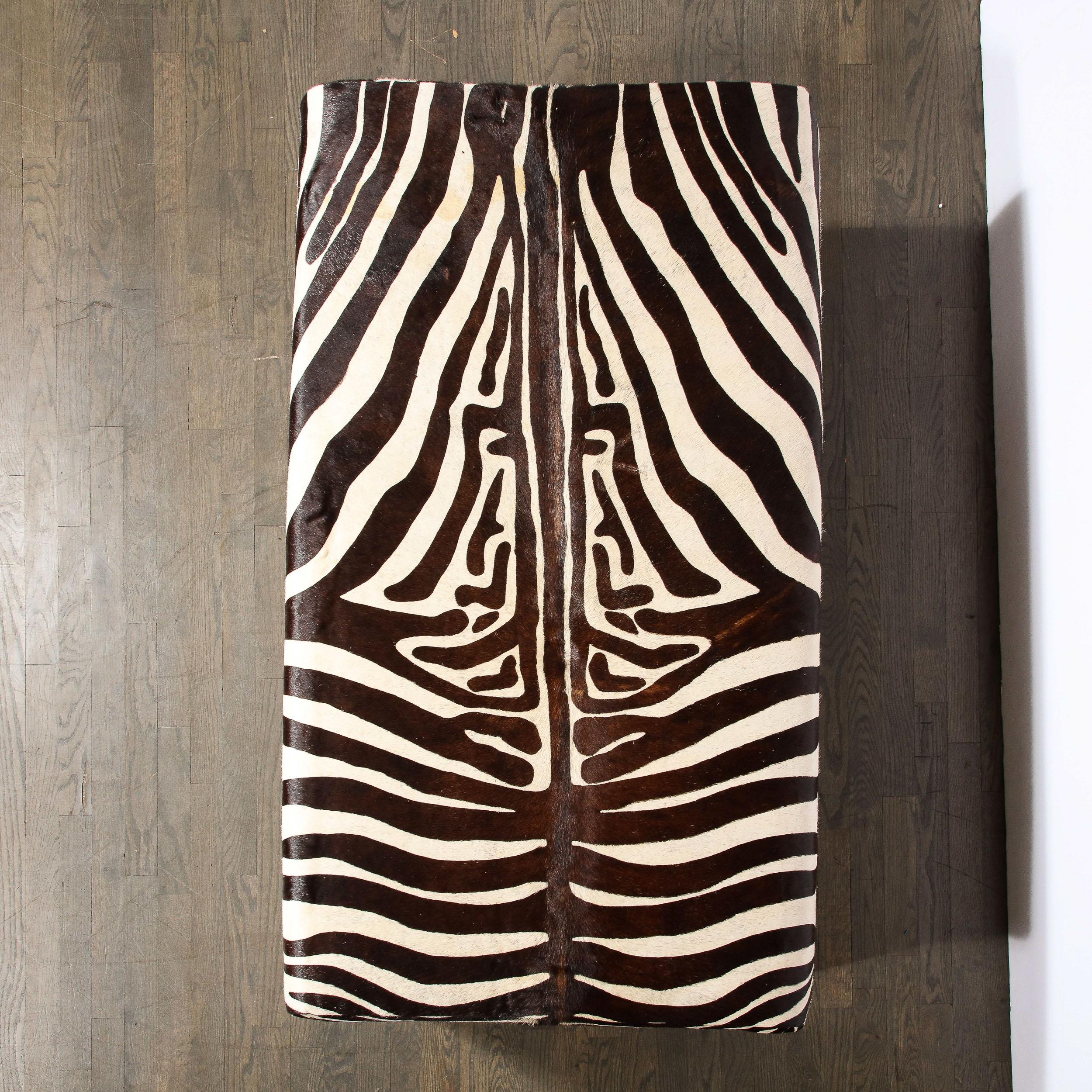 Modernist Upholstered Ottoman in Authentic Zebra Hide w/ Ebonized Walnut Base   For Sale 3