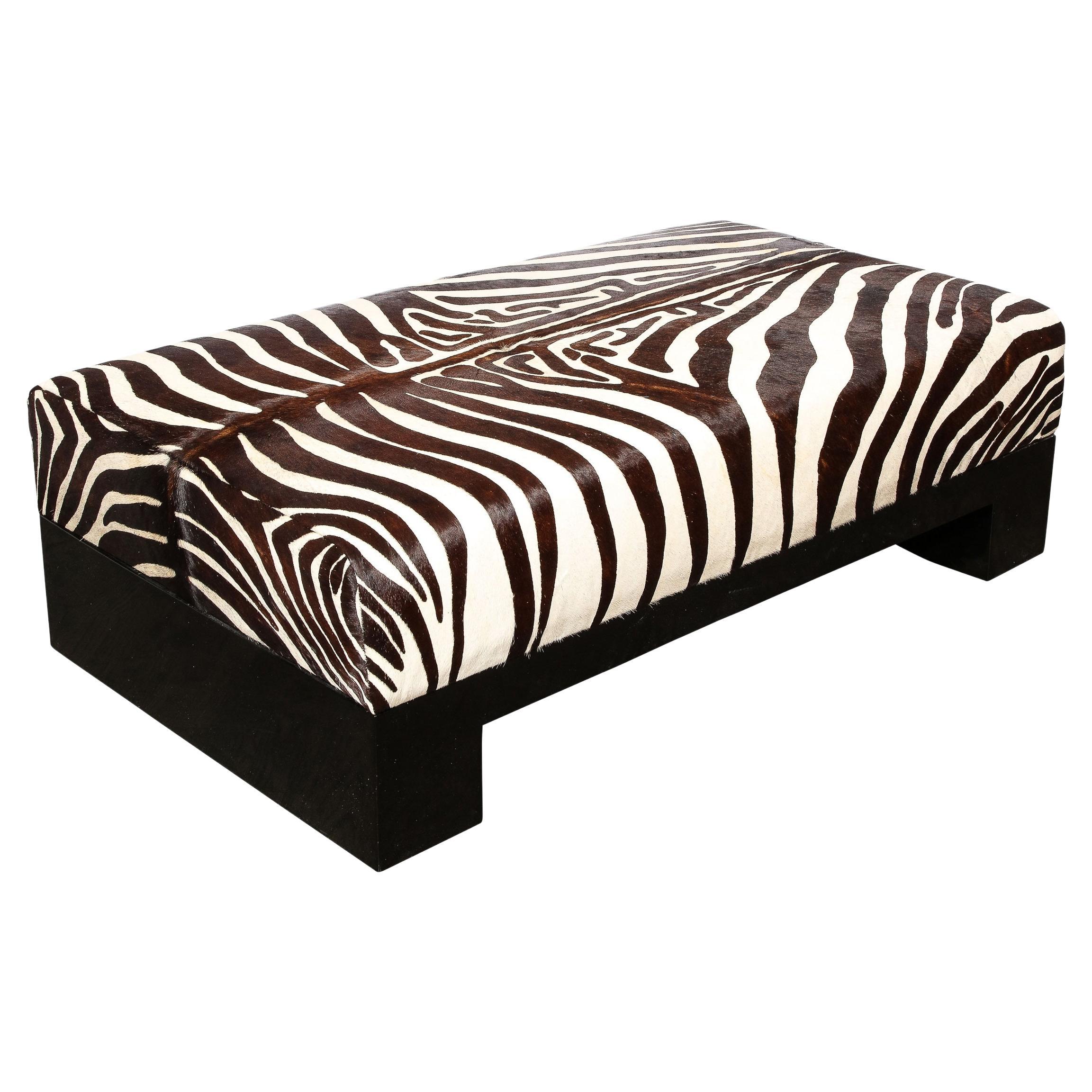 Modernist Upholstered Ottoman in Authentic Zebra Hide w/ Ebonized Walnut Base   For Sale