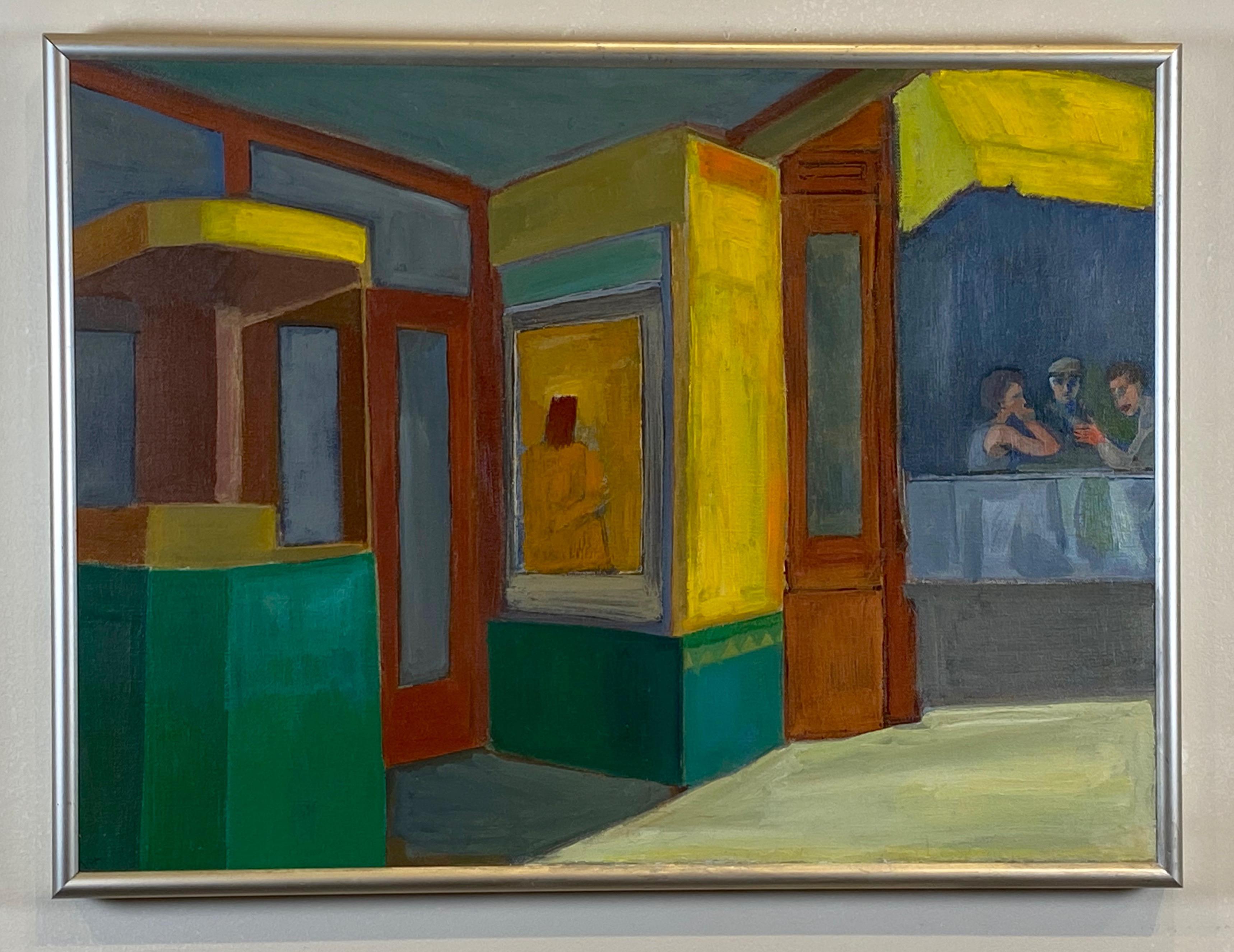 1960s Modernist painting on canvas that has the style elements and influences of Folk Art and American painter Edward Hopper, bright colors and minimalist forms with three figures in the right corner of the frame, the image consists of the front of