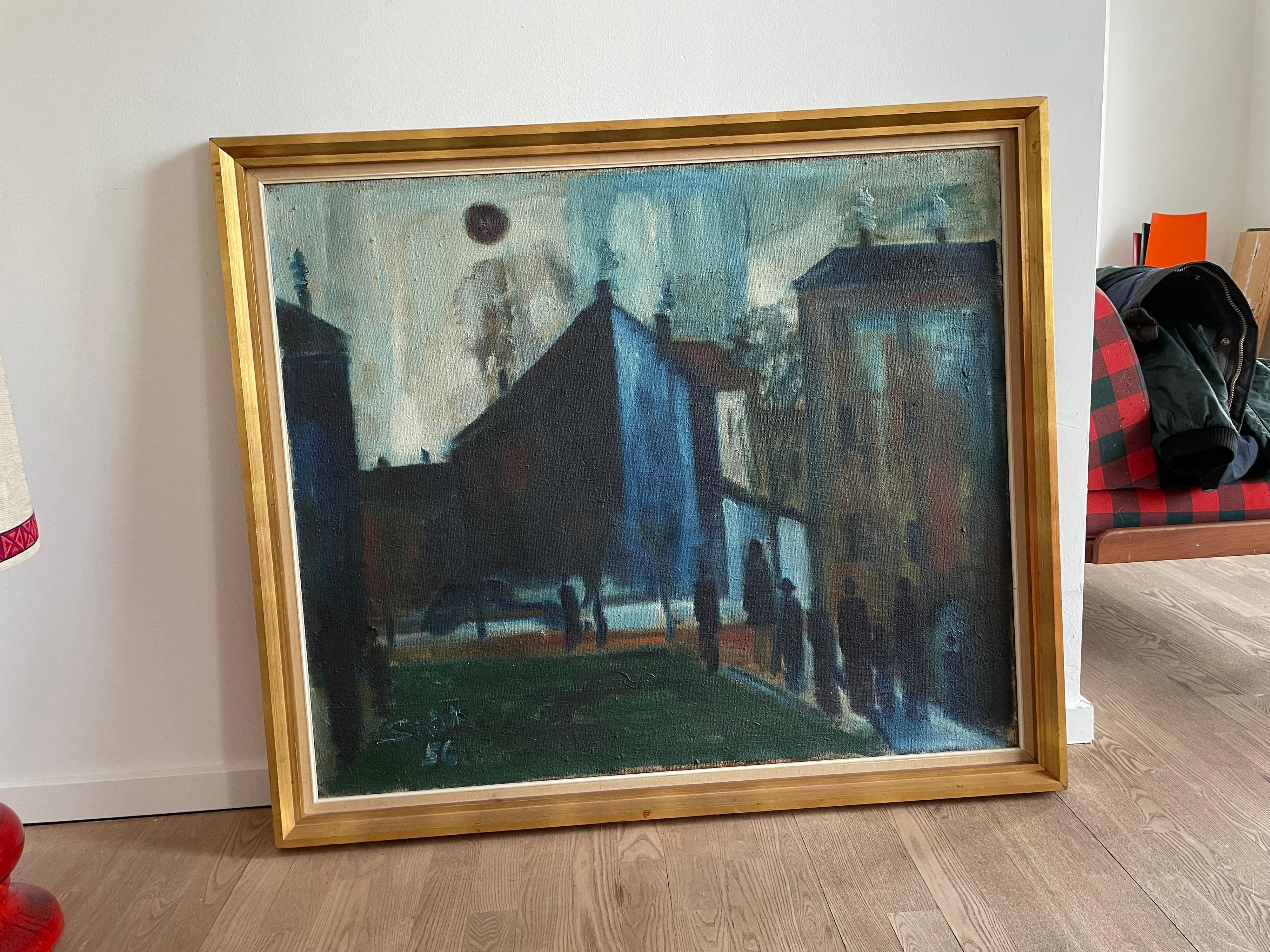Mid-20th Century Modernist Urban Motif from 1956 of Copenhagen by Svend Aage Tauscher For Sale