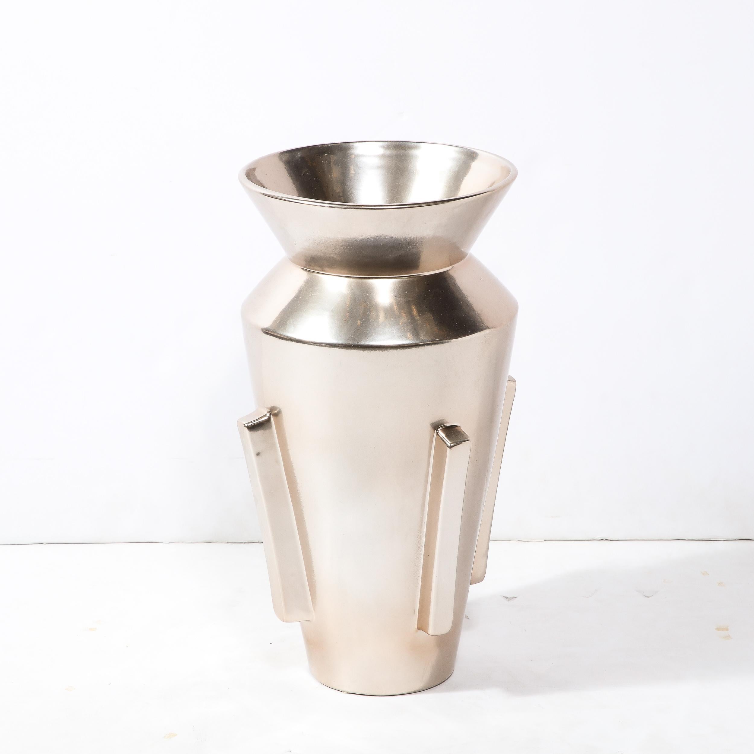 American Modernist Urn Form Ceramic Vase w/ Rectilinear Detailing & Platinum Glaze For Sale