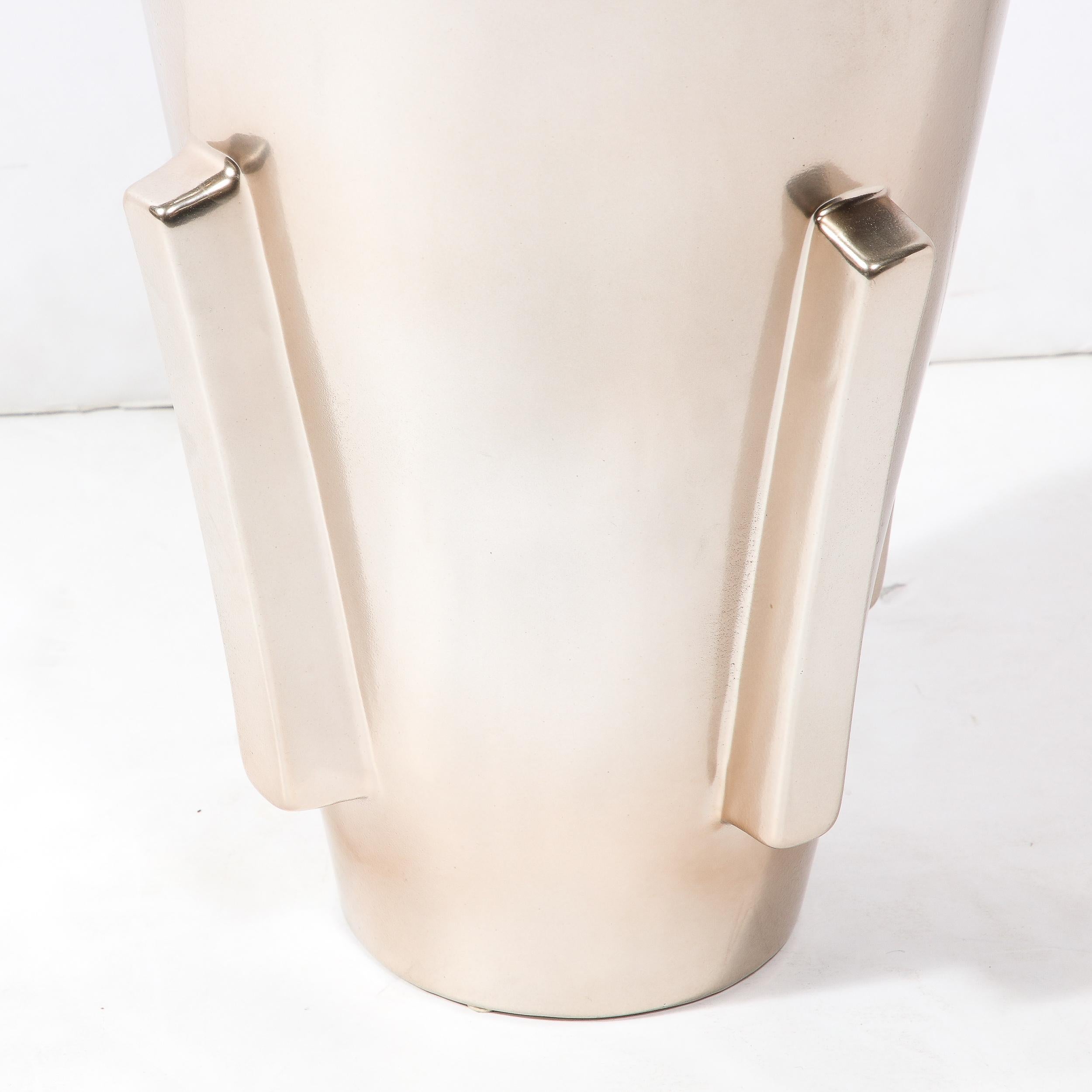 Modernist Urn Form Ceramic Vase w/ Rectilinear Detailing & Platinum Glaze In Excellent Condition For Sale In New York, NY