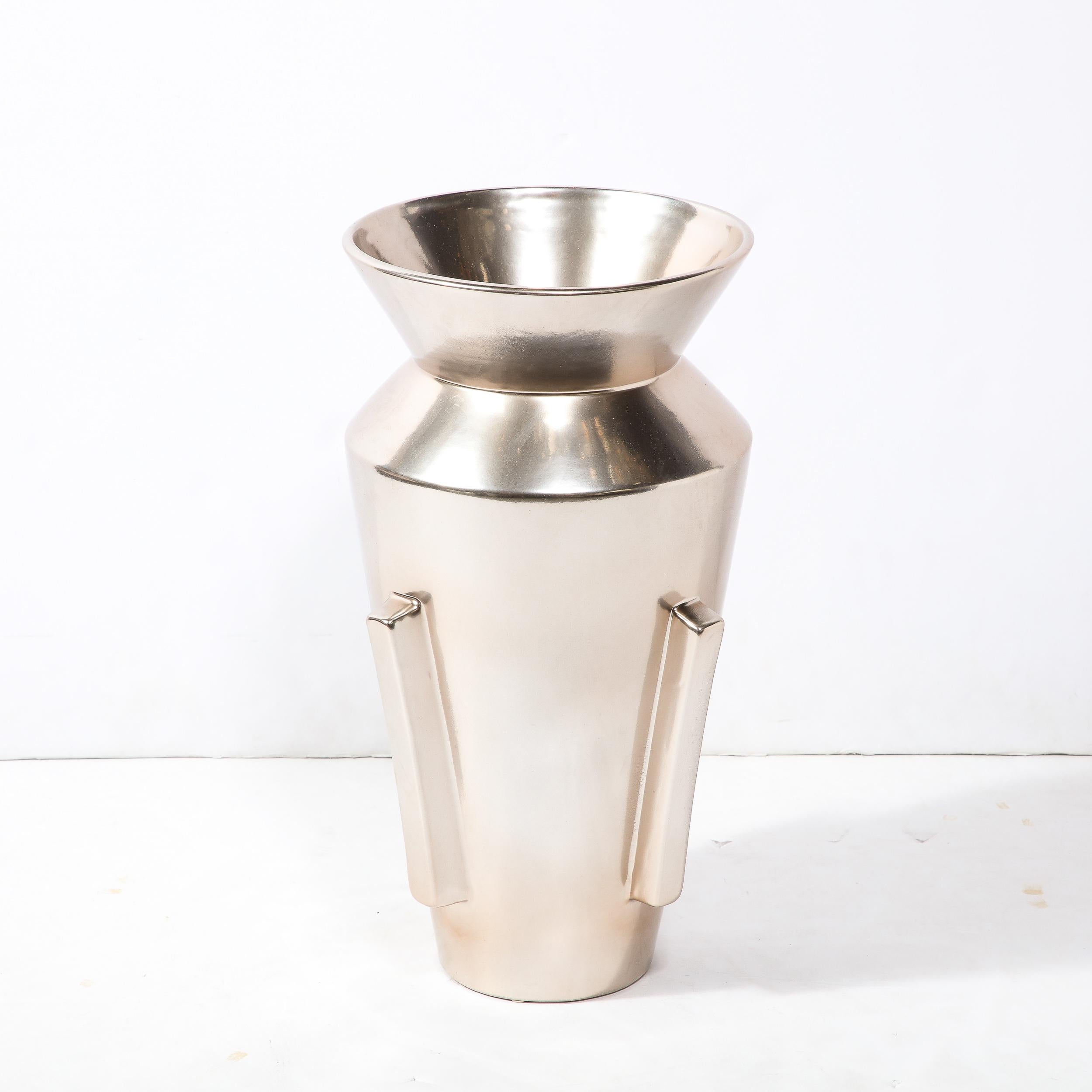 20th Century Modernist Urn Form Ceramic Vase w/ Rectilinear Detailing & Platinum Glaze For Sale