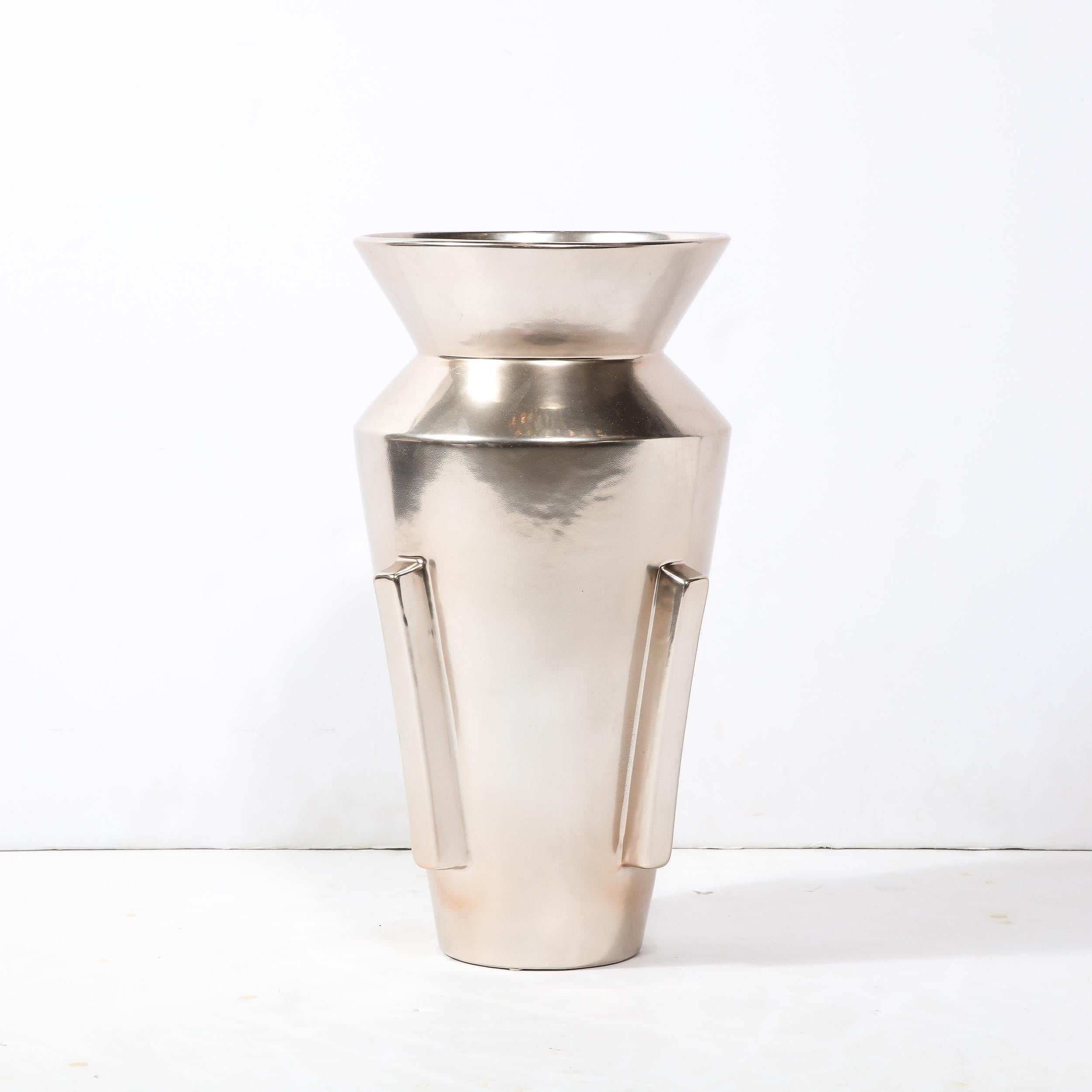 Modernist Urn Form Ceramic Vase w/ Rectilinear Detailing & Platinum Glaze For Sale 1