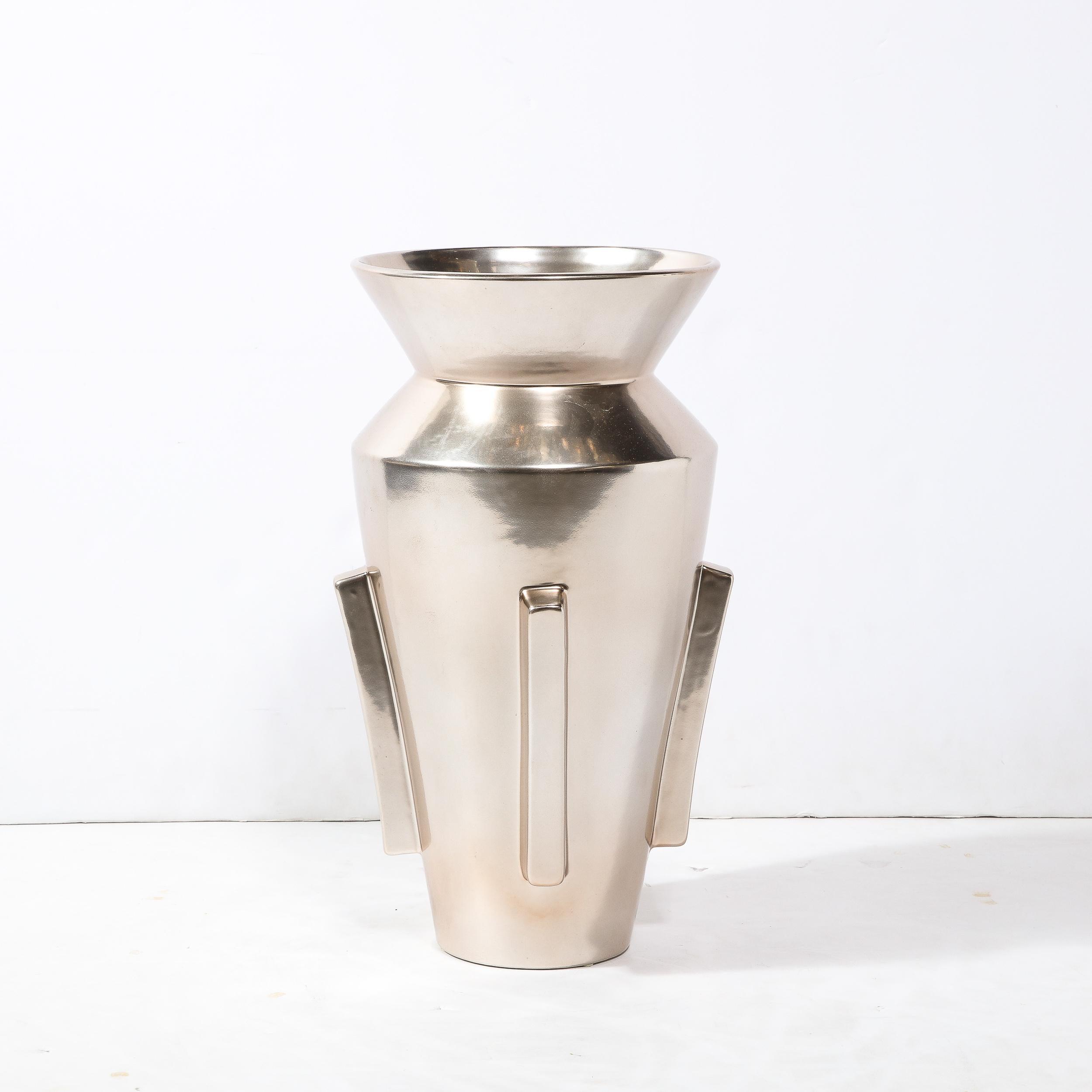 Modernist Urn Form Ceramic Vase w/ Rectilinear Detailing & Platinum Glaze For Sale 2