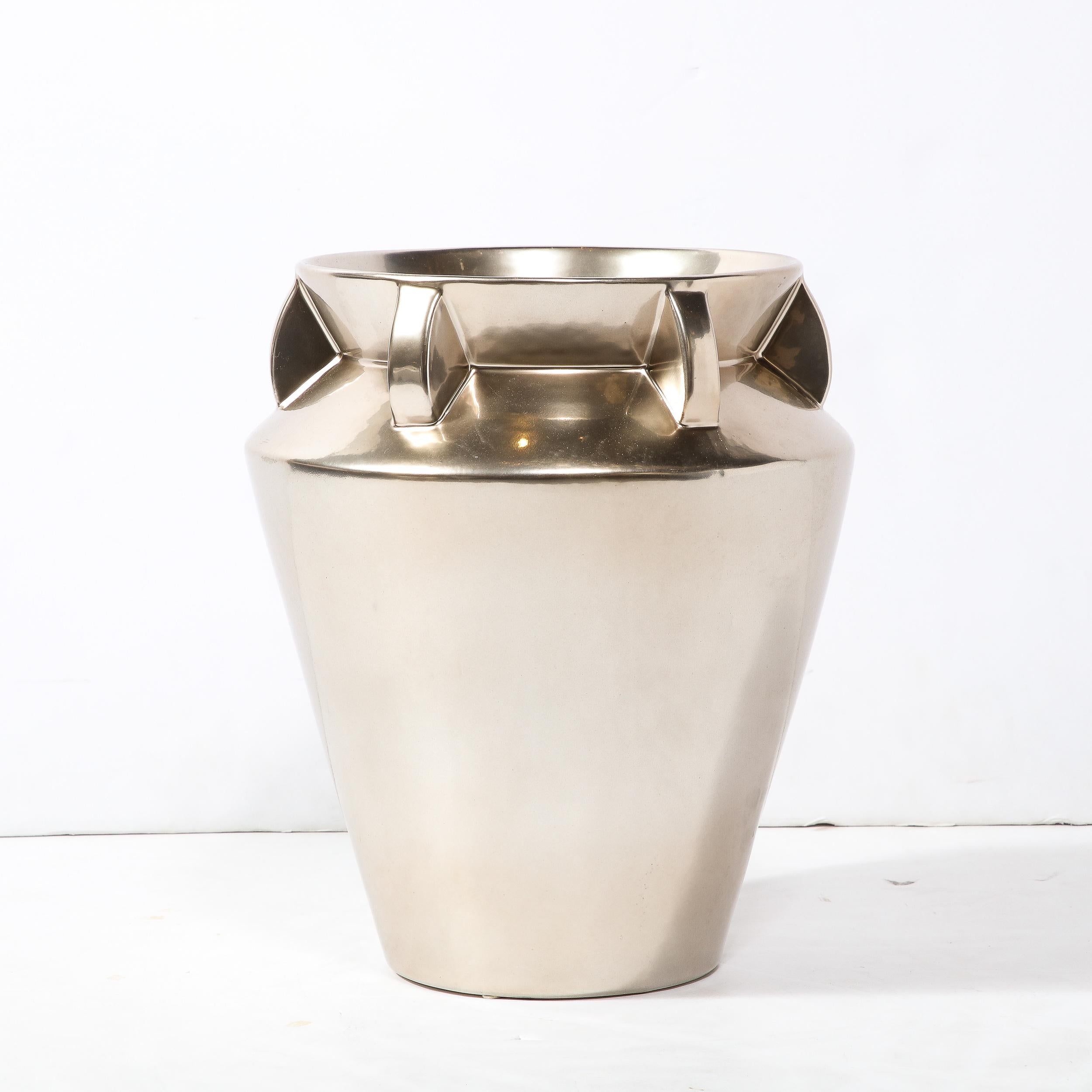 American Modernist Urn Form Ceramic Vase with Streamlined Detailing and Platinum Glaze For Sale