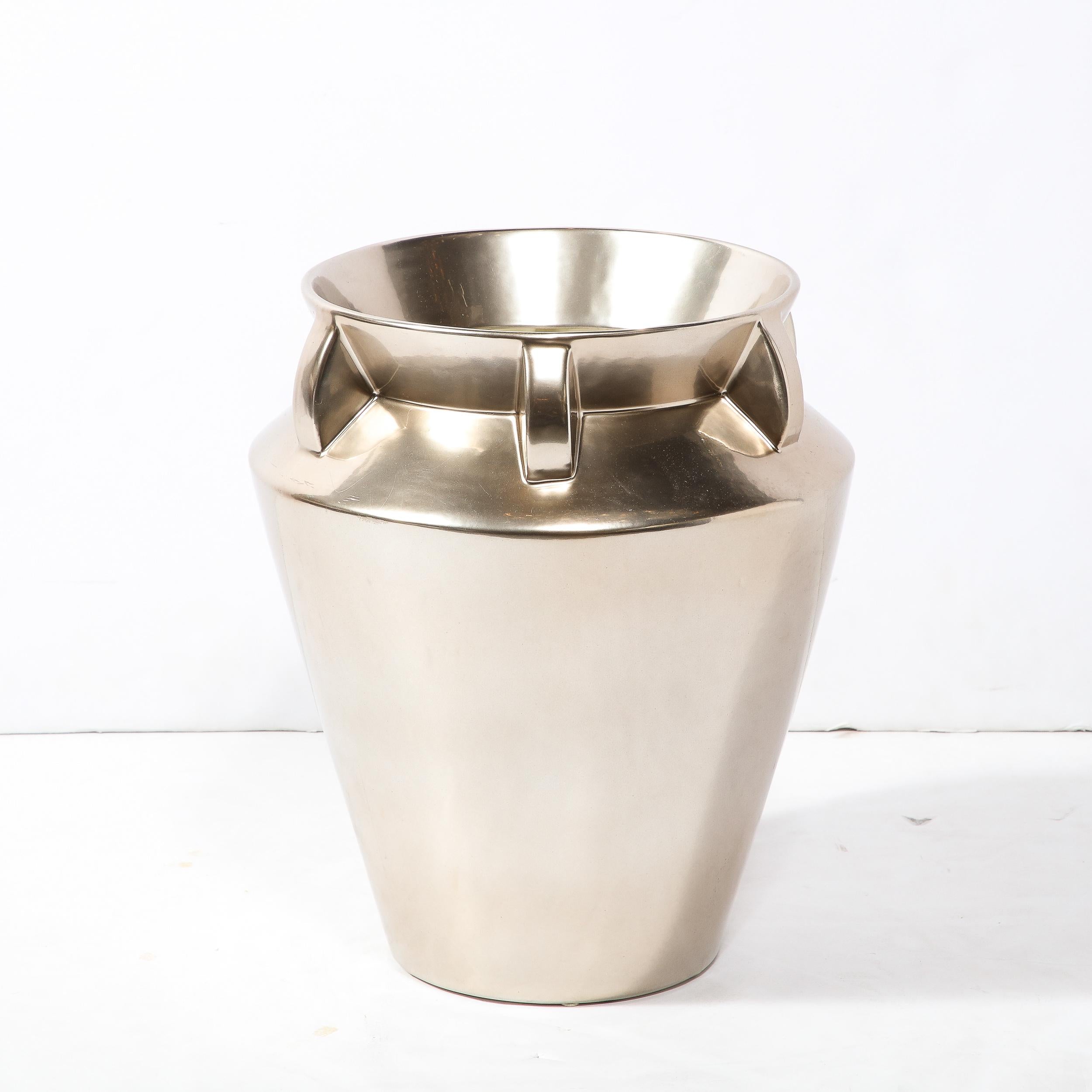 20th Century Modernist Urn Form Ceramic Vase with Streamlined Detailing and Platinum Glaze For Sale